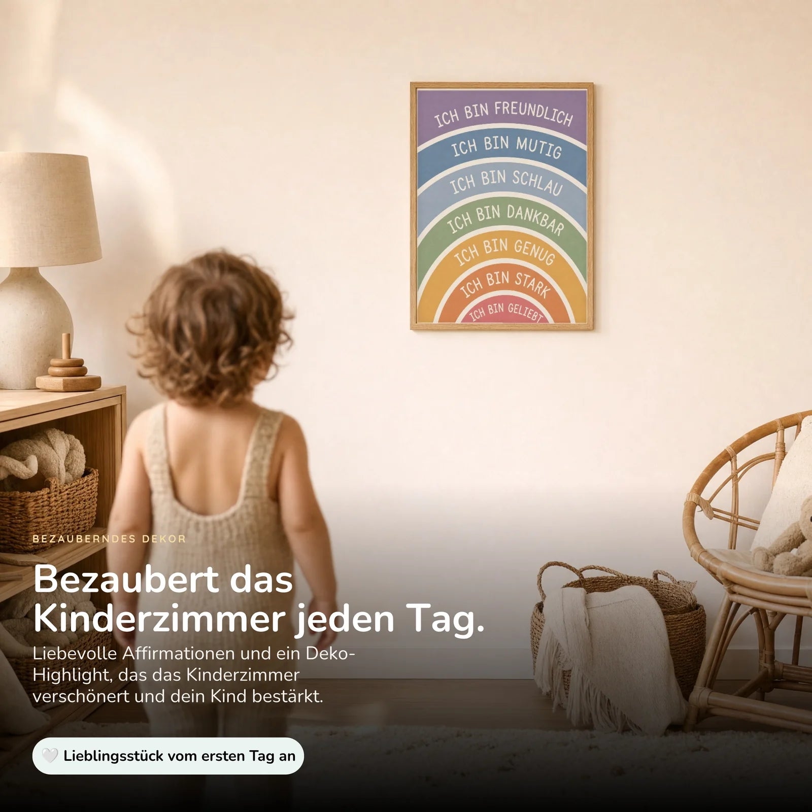 Affirmationsposter Kinderzimmer Regenbogen Ich bin freundlich, im Kinderzimmer an der Wand