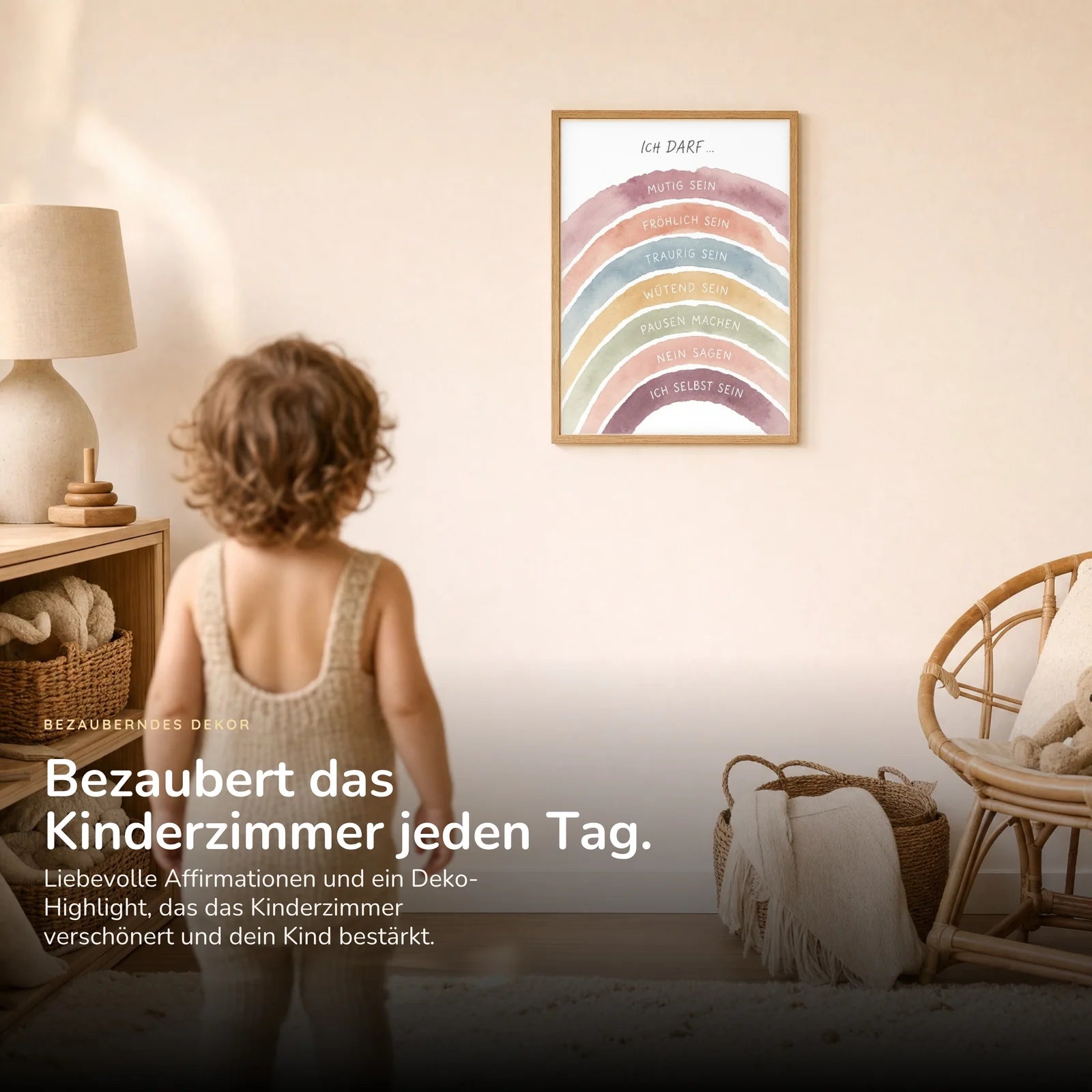 Affirmationsposter Kinderzimmer Regenbogen Ich darf, im Kinderzimmer an der Wand