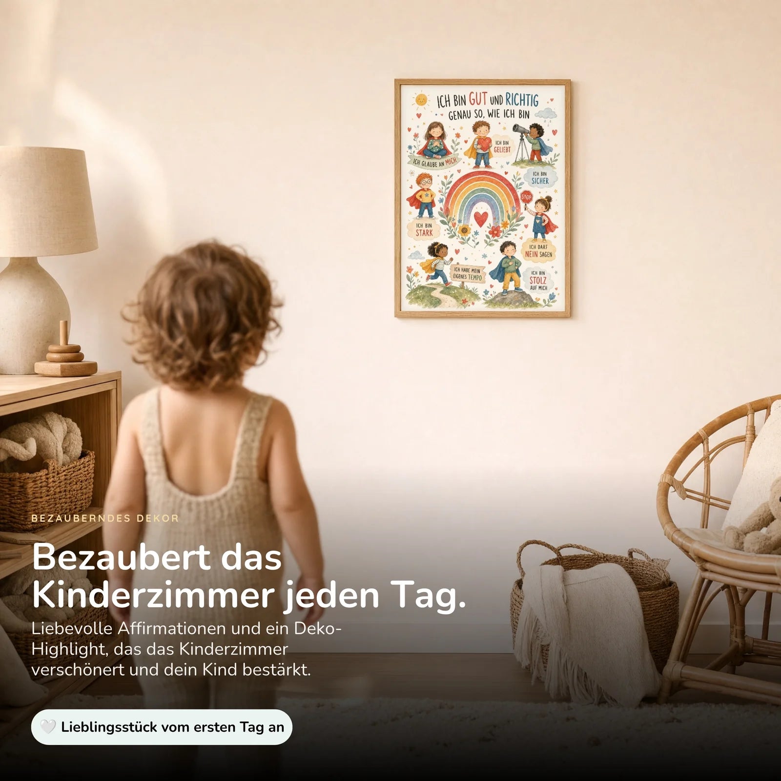 Affirmationsposter Kinderzimmer Wimmelbild Ich bin gut und richtig, im Kinderzimmer an der Wand