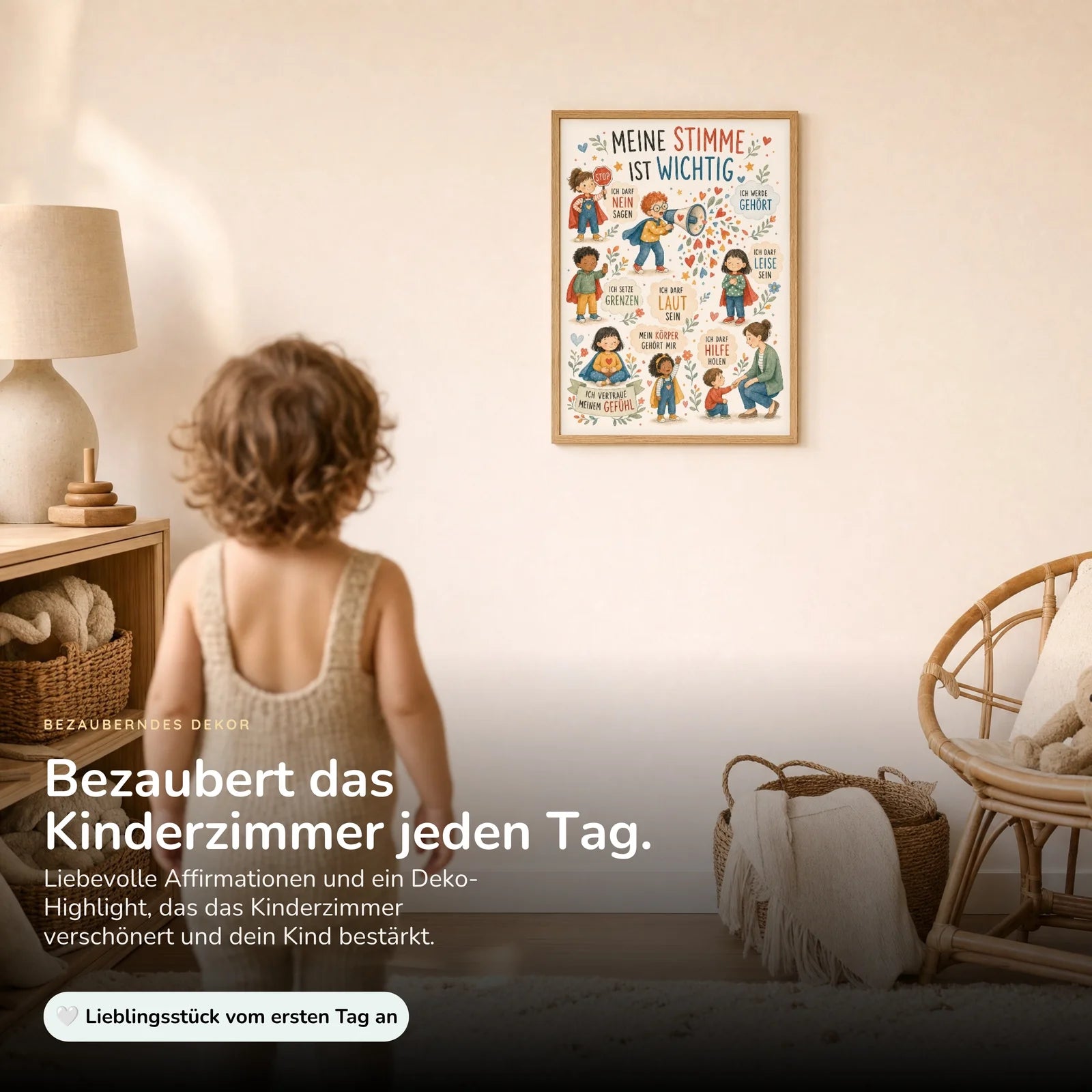 Affirmationsposter Kinderzimmer Wimmelbild Meine Stimme, im Kinderzimmer an der Wand