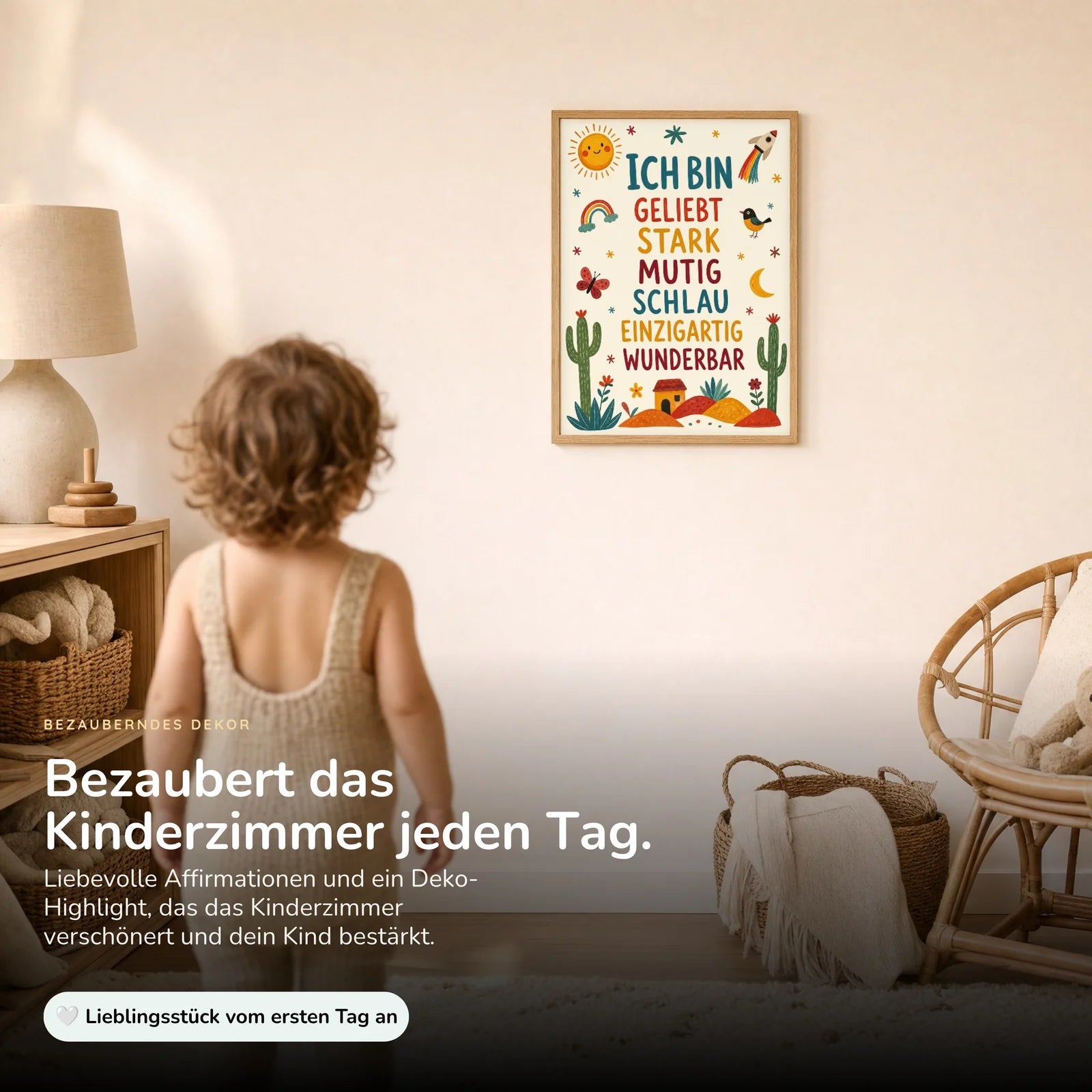 Affirmationsposter Kinderzimmer Wüste Ich bin geliebt, im Kinderzimmer an der Wand