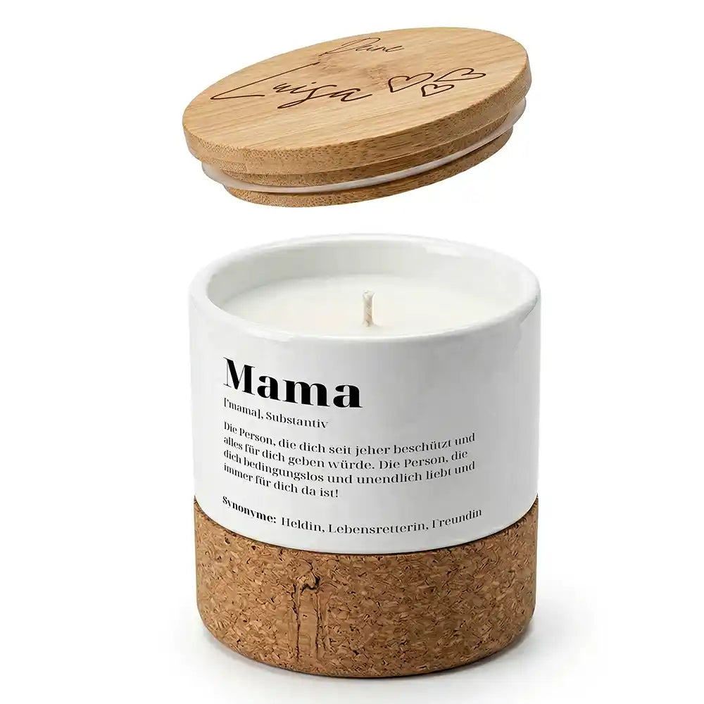 Duftkerze Vanille Keramik Mama Definition – Boho-Stil mit Bambusdeckel