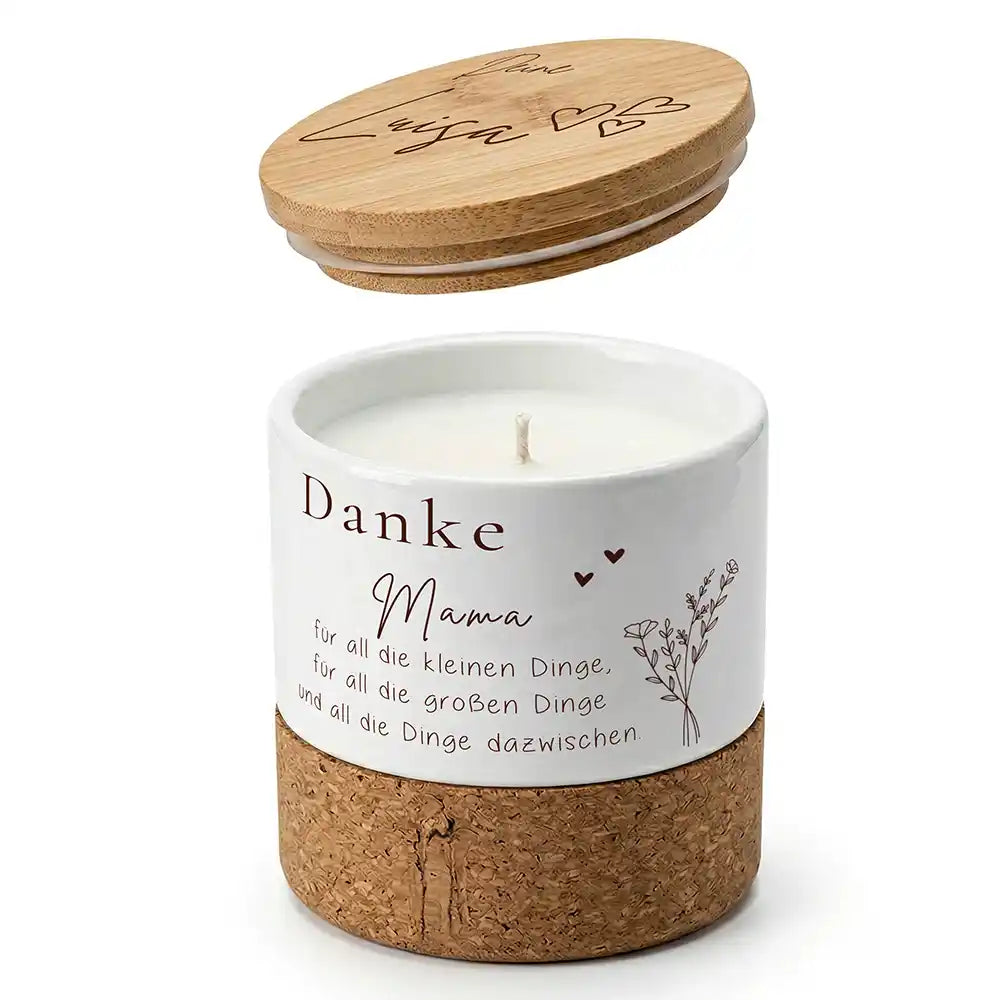 Duftkerze Vanille Keramik Danke Mama Blumenzweig â Boho-Stil mit Bambusdeckel