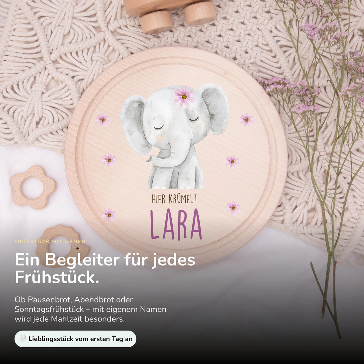Rundes personalisiertes FrĂĽhstĂĽcksbrettchen Elefant PĂĽnktchen mit Namen fĂĽr Kinder