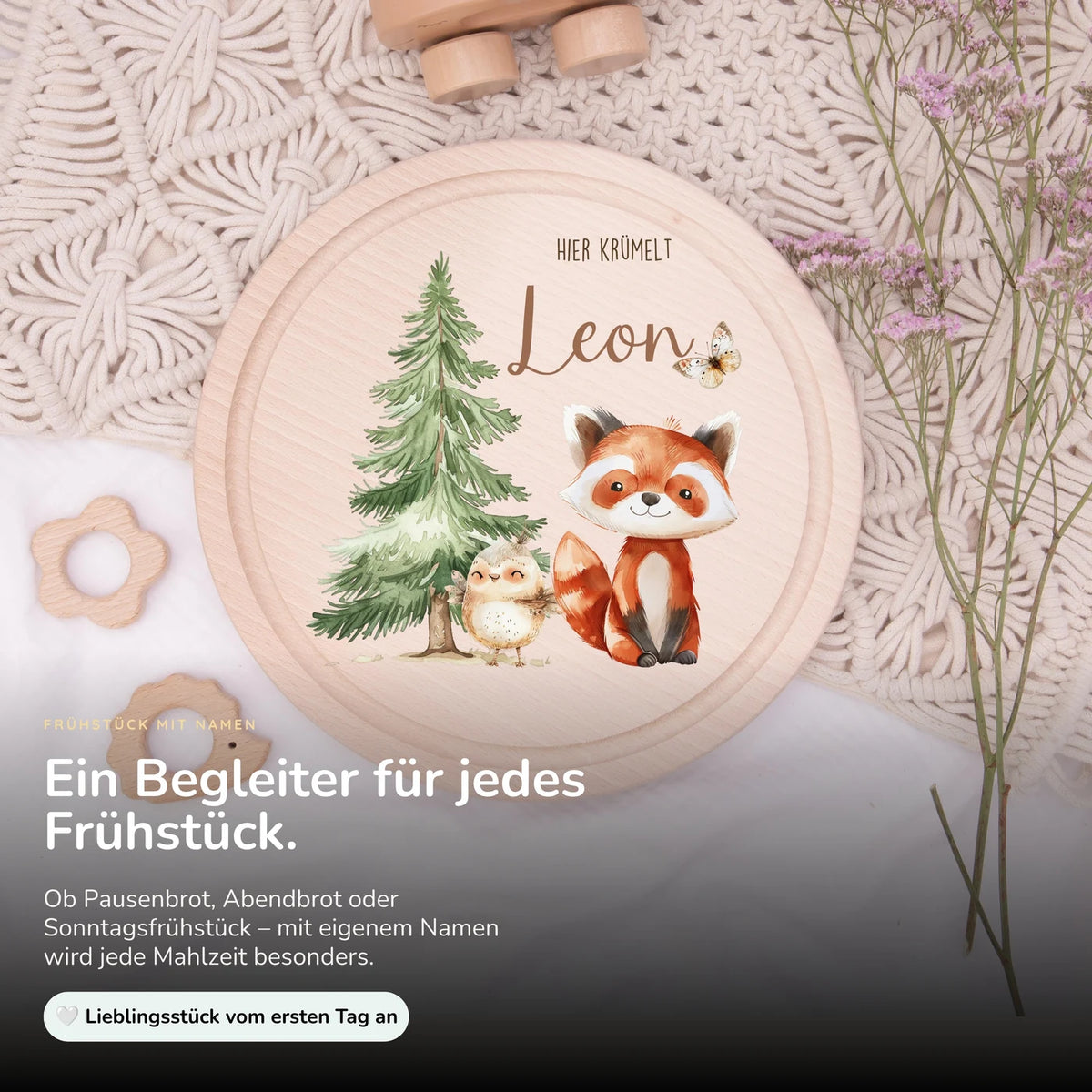 Rundes personalisiertes FrĂĽhstĂĽcksbrettchen Fuchs mit Namen fĂĽr Kinder