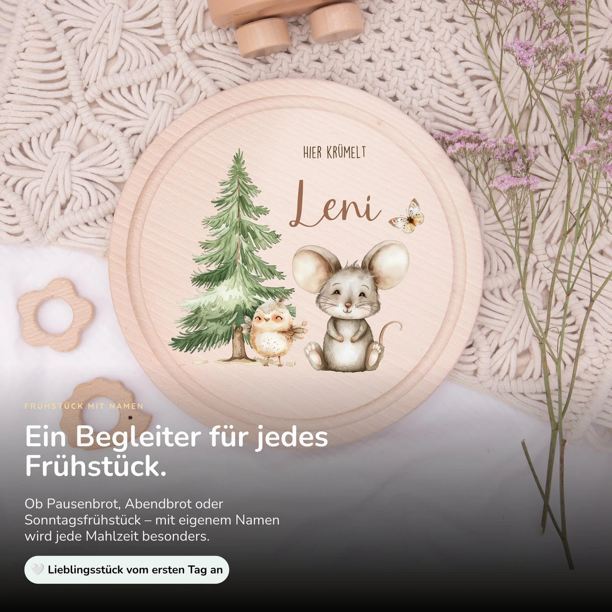 Rundes personalisiertes FrĂĽhstĂĽcksbrettchen Springmaus mit Namen fĂĽr Kinder