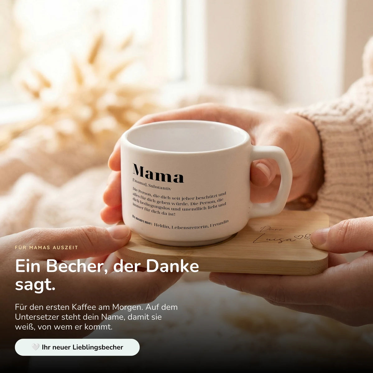 Muttertagsgeschenk Keramikbecher mit Untersetzer – Mama Definition