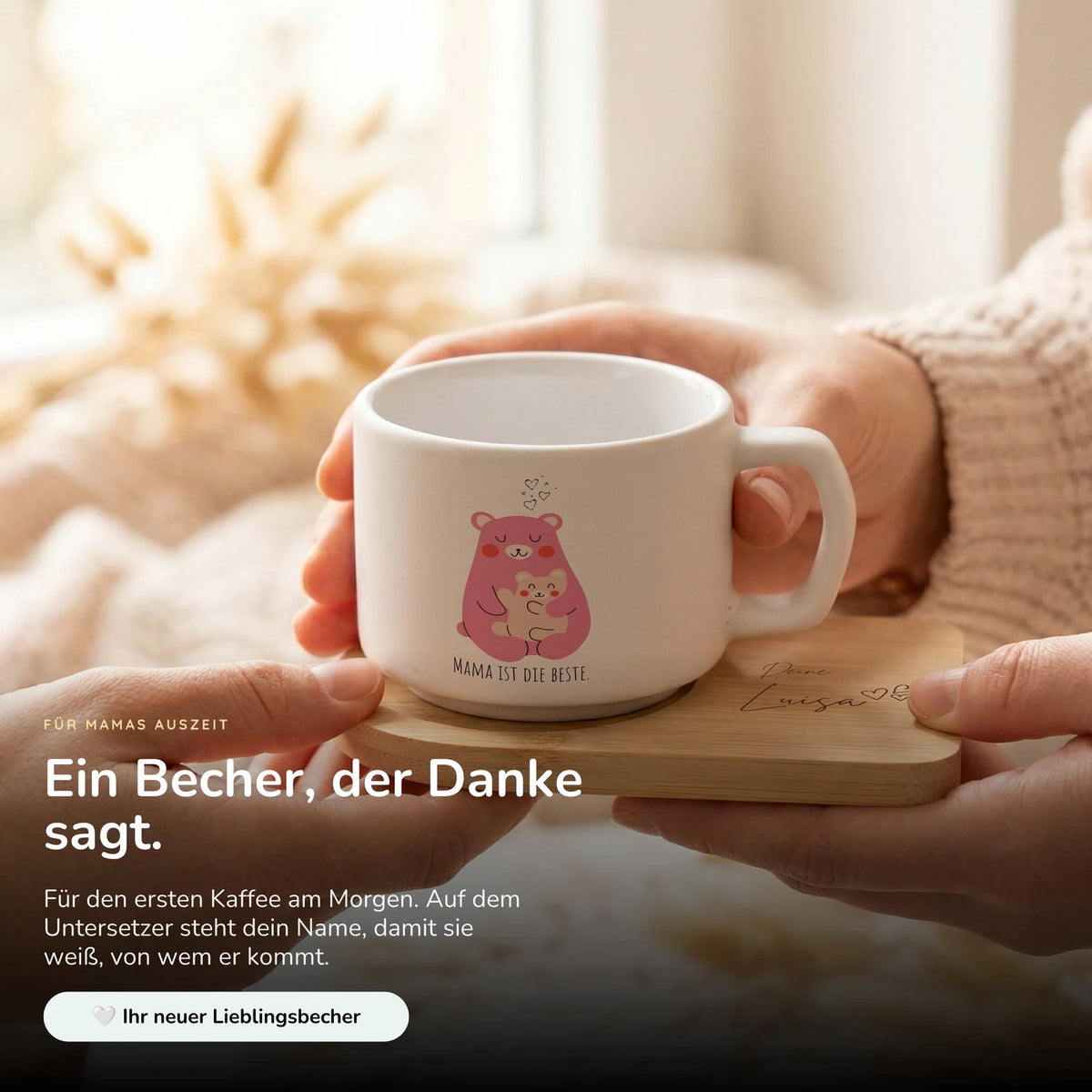 Muttertagsgeschenk Keramikbecher mit Untersetzer â BĂ€r Mama & Kind