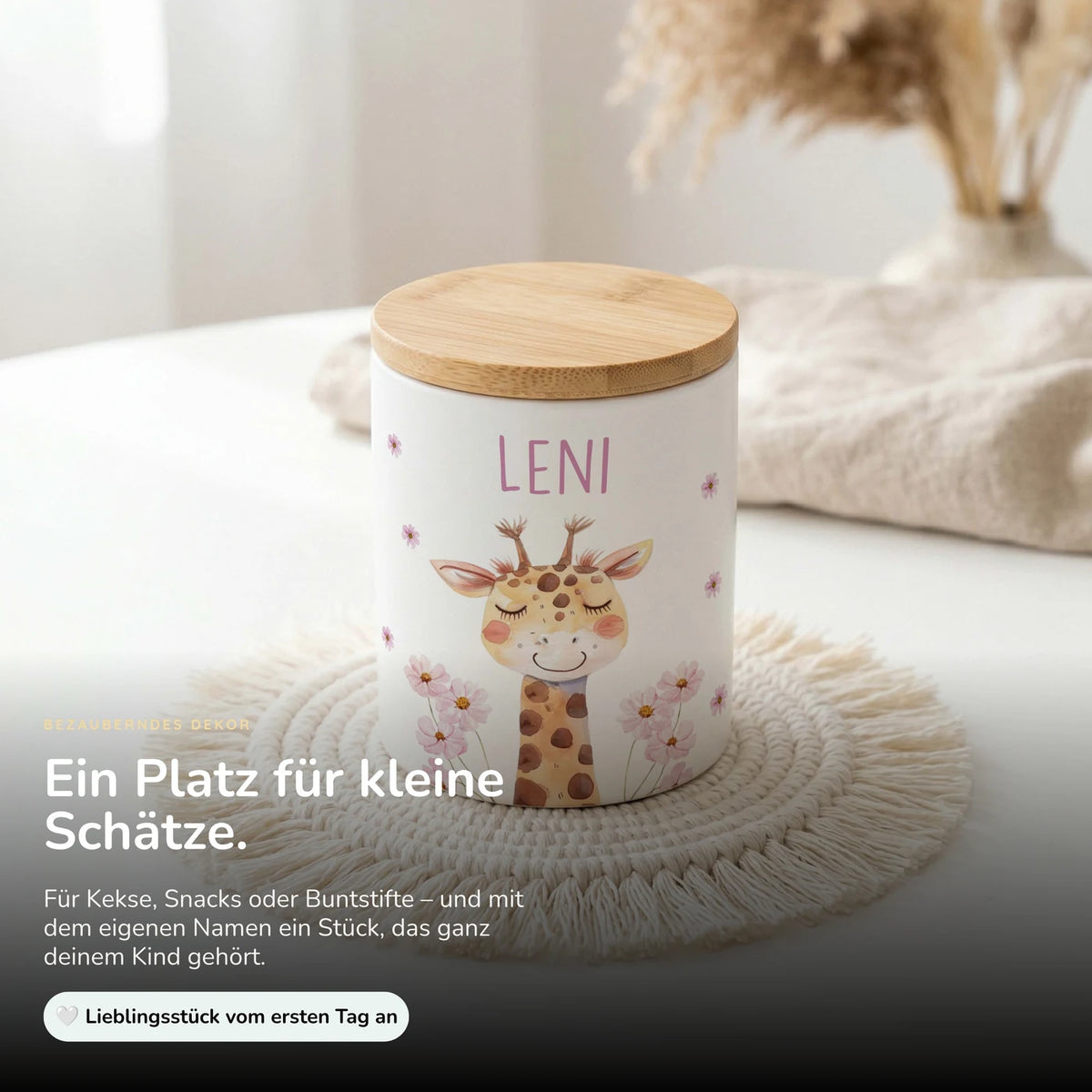 Personalisierte Keksdose Giraffe Blumen â Keramik & Bambus mit Wunschname