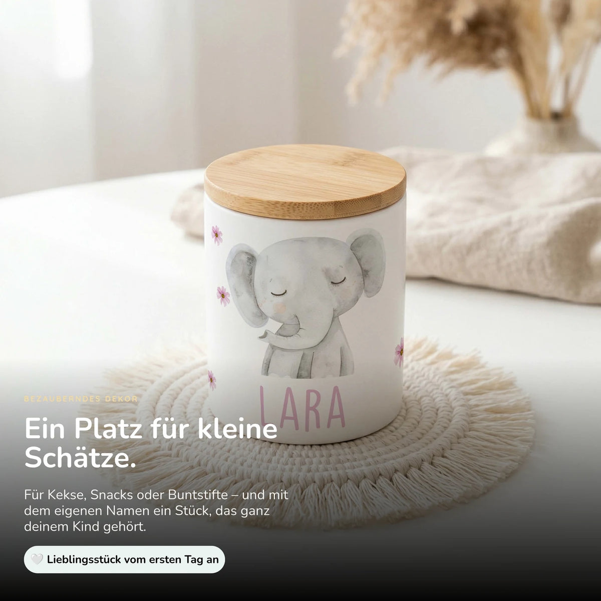 Personalisierte Keksdose Elefant Blumen – Keramik & Bambus mit Wunschname