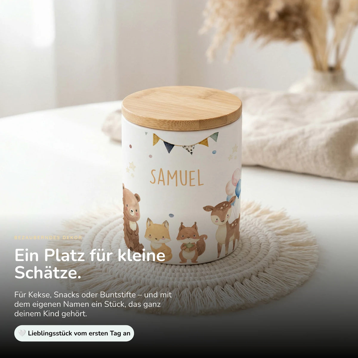 Personalisierte Keksdose Waldtiere Party – Keramik & Bambus mit Wunschname