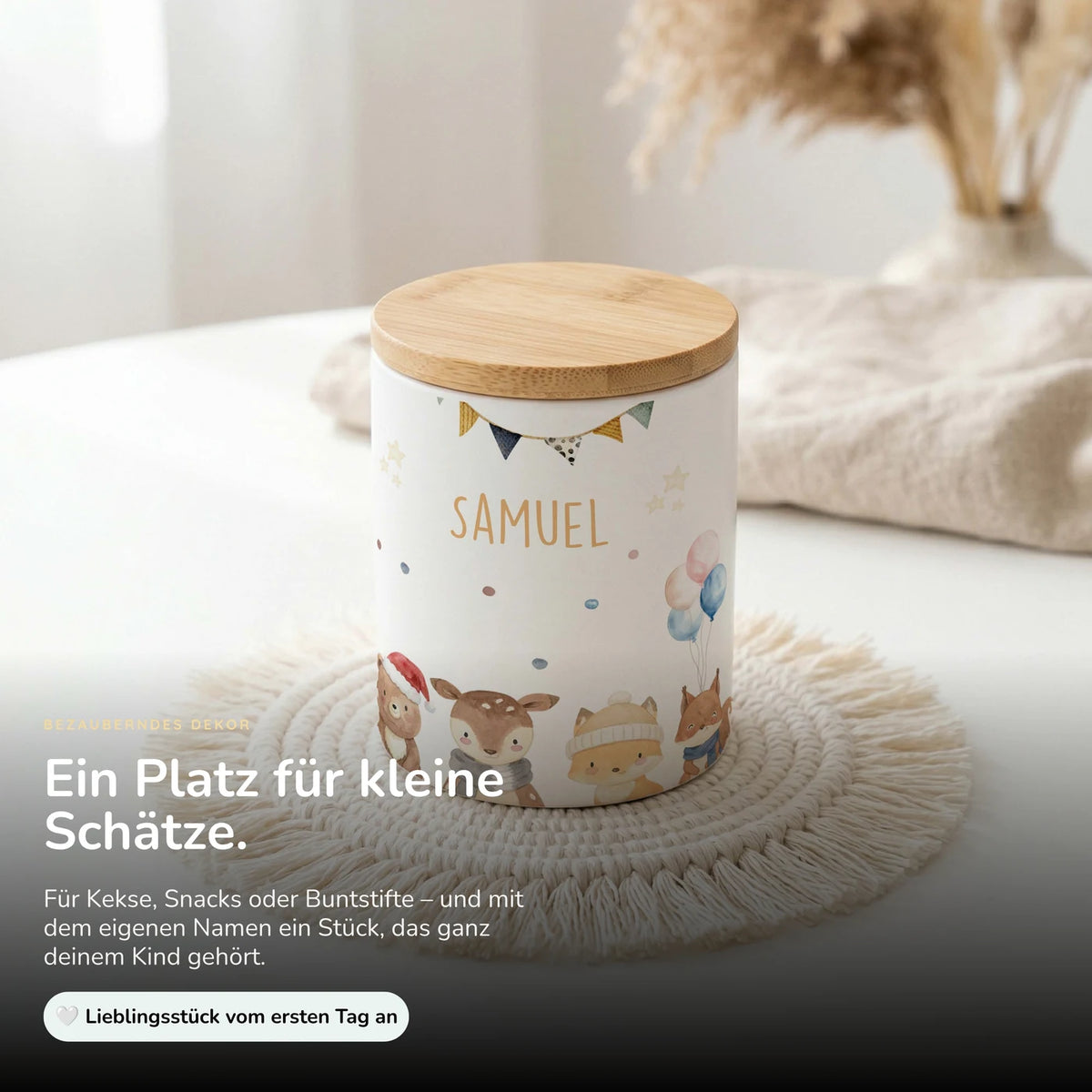 Personalisierte Keksdose Waldtiere Geburtstag – Keramik & Bambus mit Wunschname
