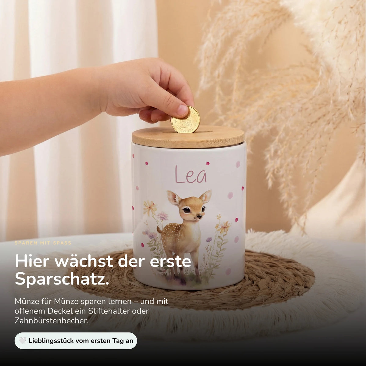 Personalisierte Spardose Rehkitz Blumenwiese – Keramik & Bambus mit Wunschname