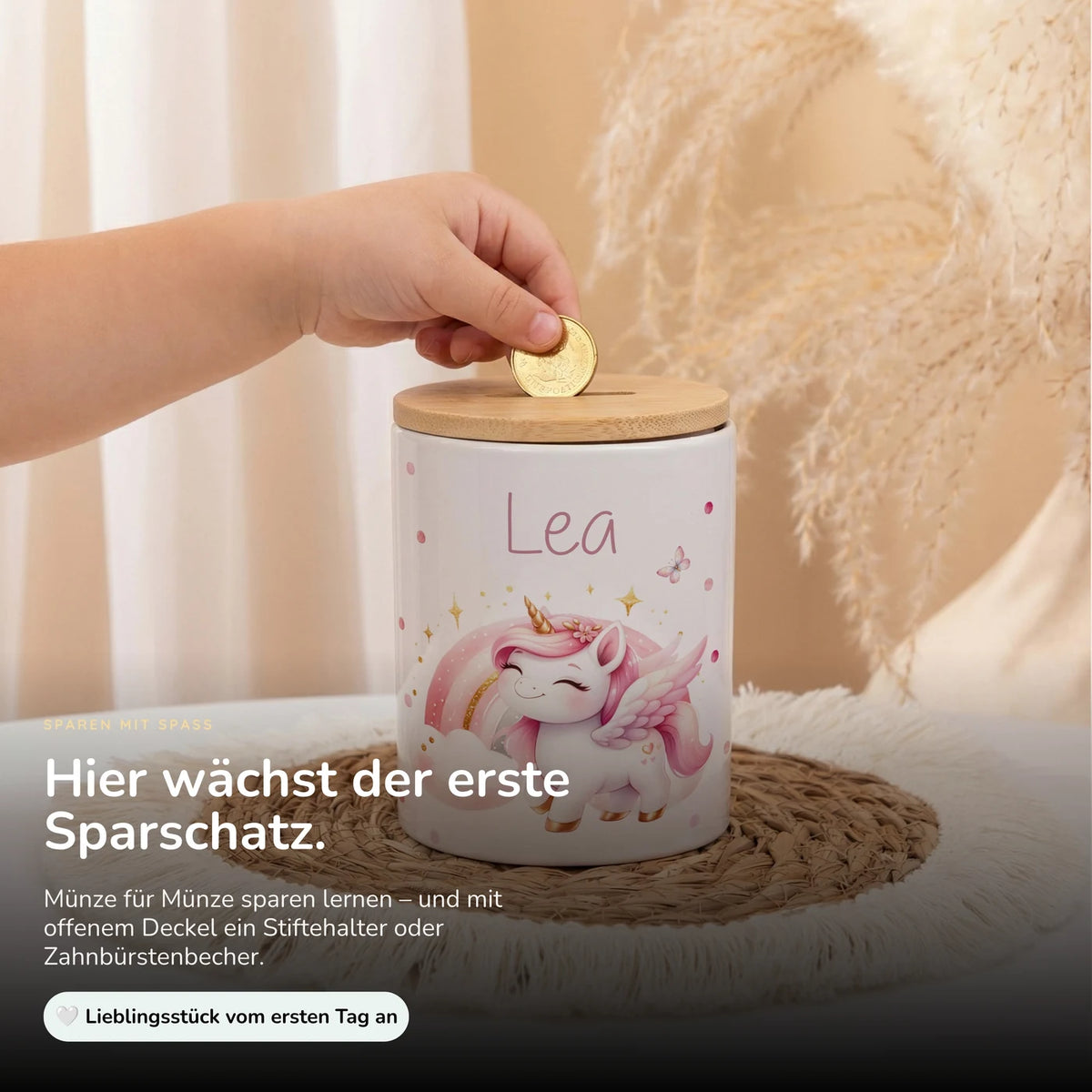 Personalisierte Spardose Einhorn Flügel – Keramik & Bambus mit Wunschname