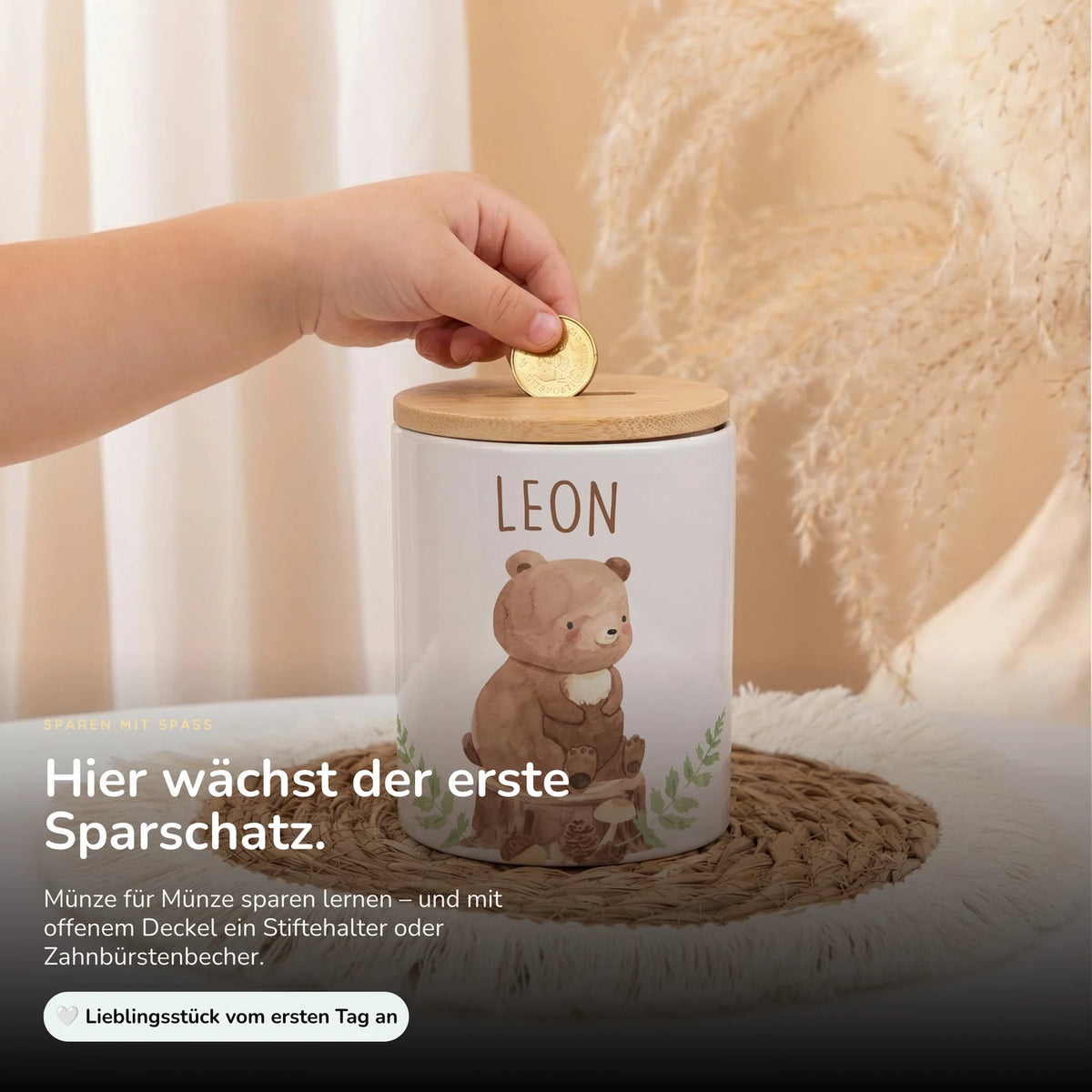 Personalisierte Spardose Bär Wald – Keramik & Bambus mit Wunschname