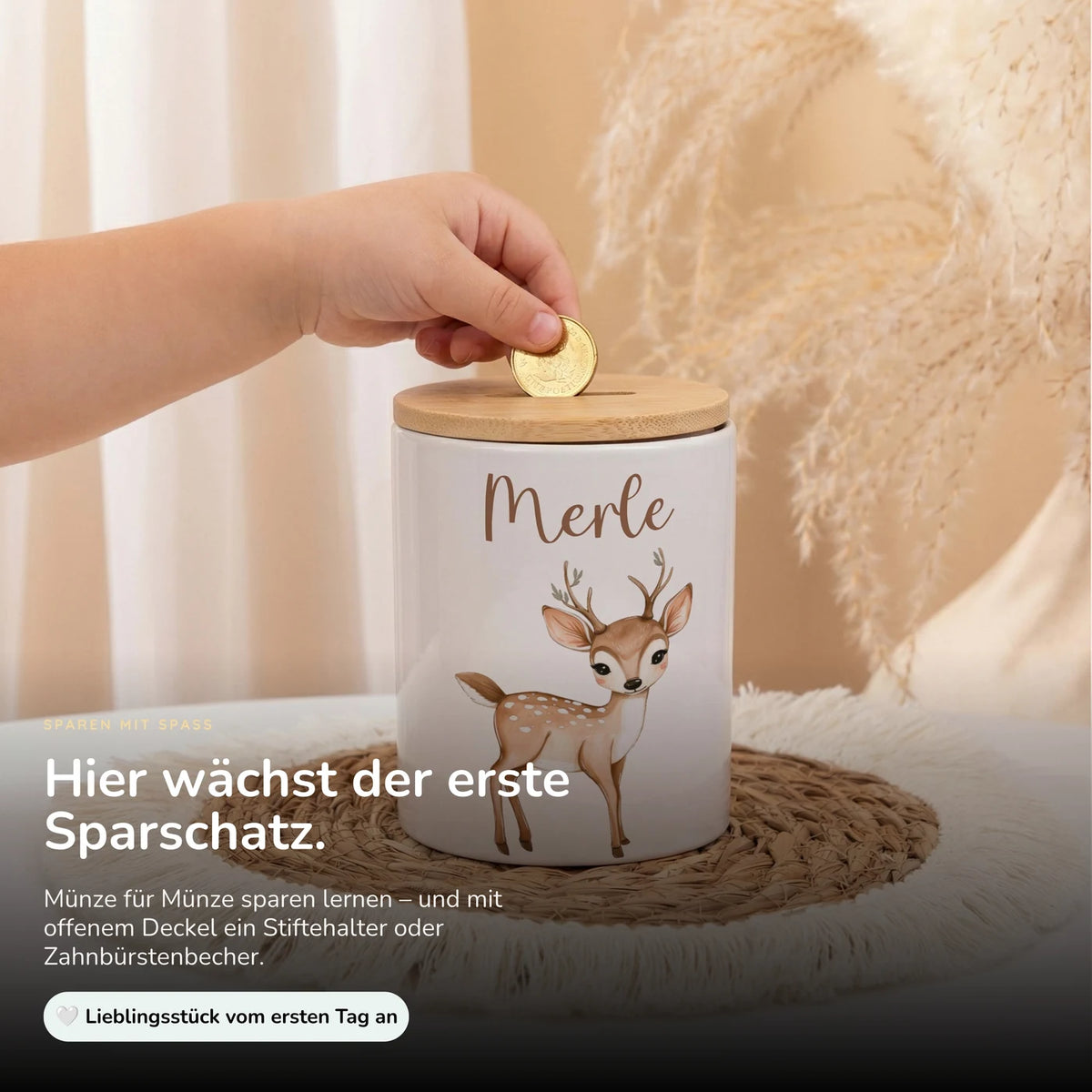 Personalisierte Spardose Rehkitz Bambi – Keramik & Bambus mit Wunschname