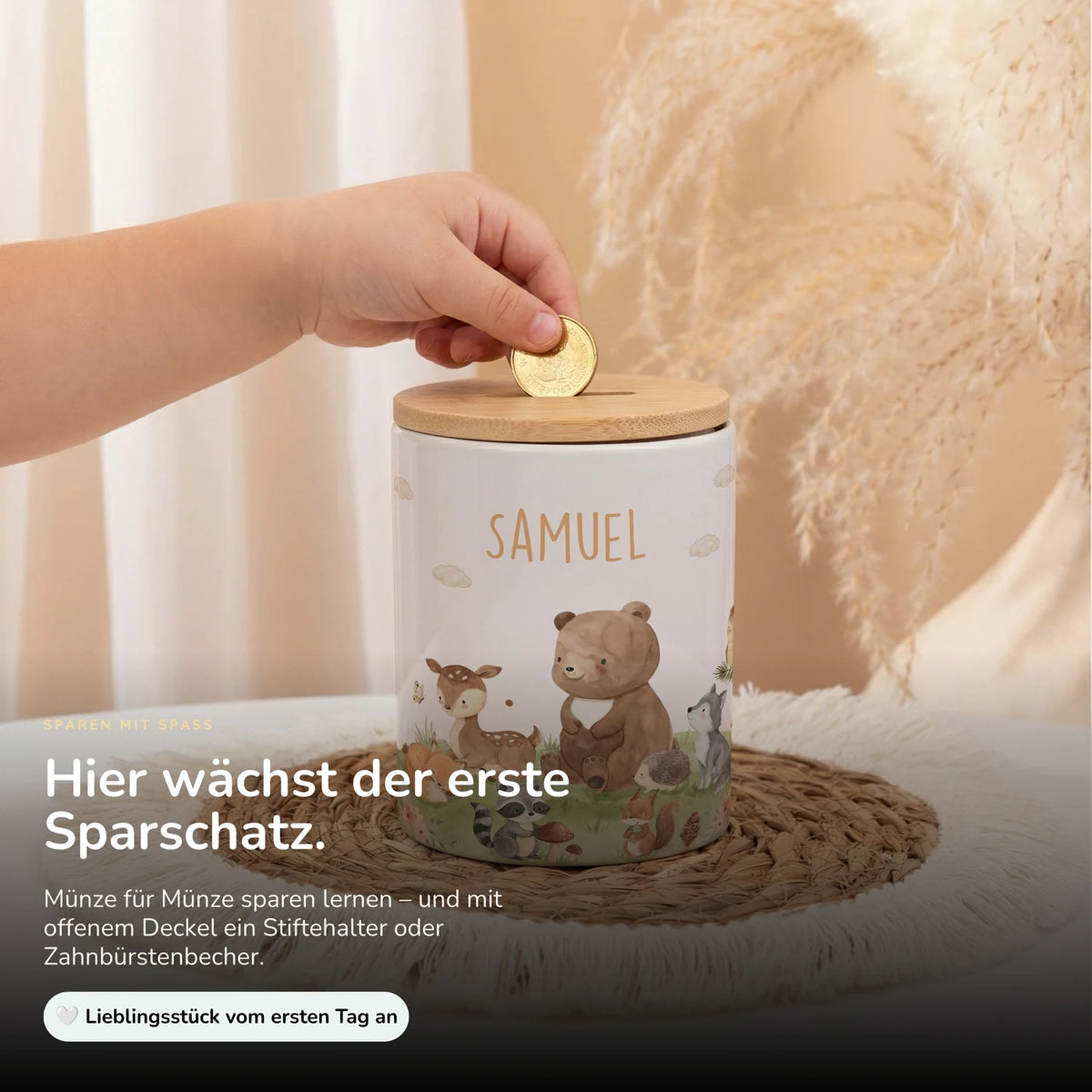 Personalisierte Spardose Waldfreunde VI – Keramik & Bambus mit Wunschname
