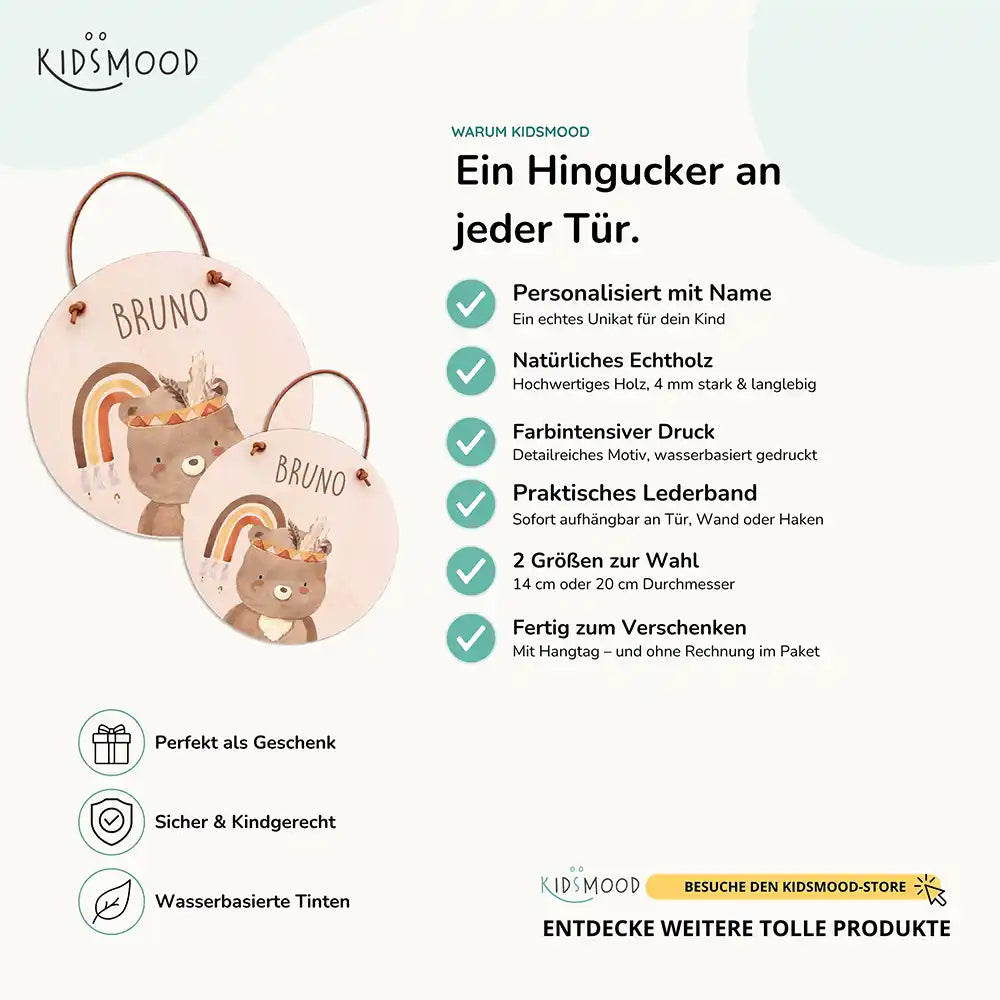 Türschild Kinderzimmer Bär mit Regenbogen, aus Echtholz mit Lederband, in zwei Größen
