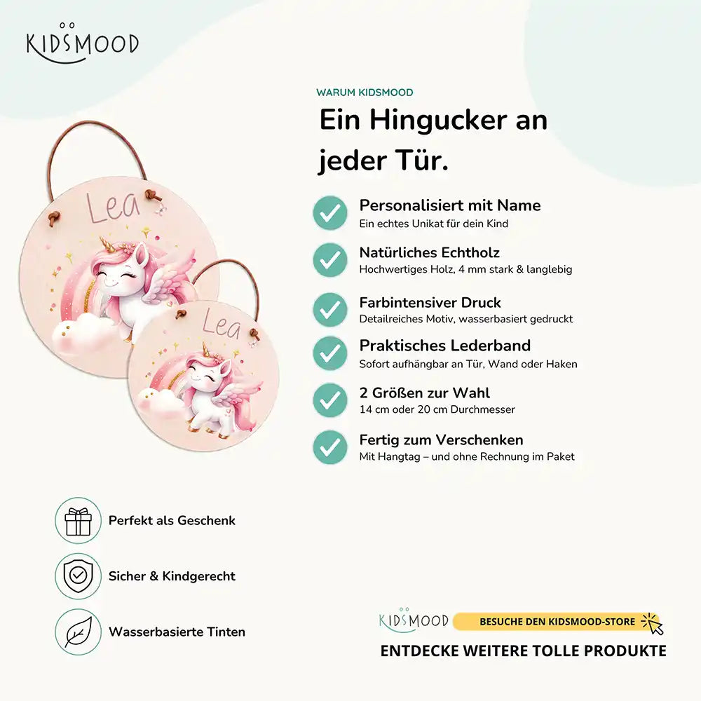 Türschild Kinderzimmer Einhorn, aus Echtholz mit Lederband, in zwei Größen