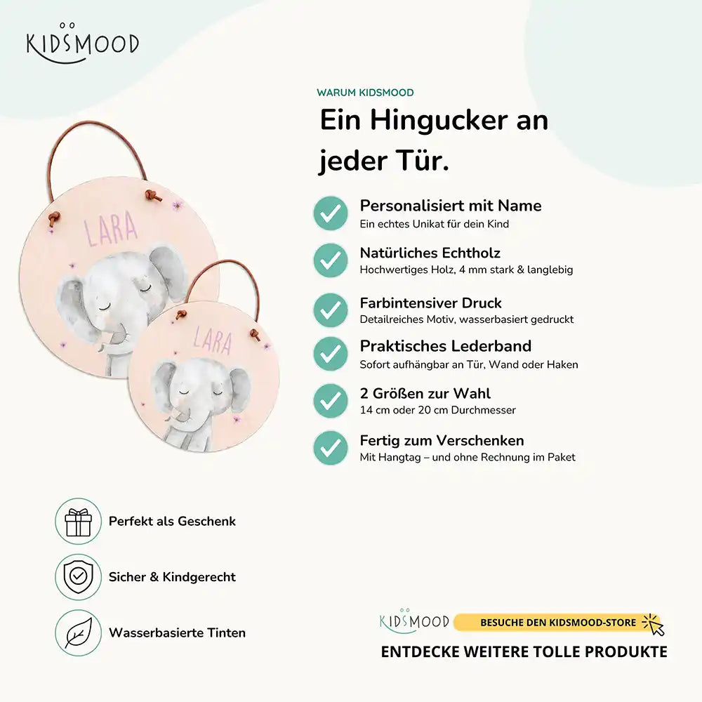 Türschild Kinderzimmer Elefant mit Blüten, aus Echtholz mit Lederband, in zwei Größen