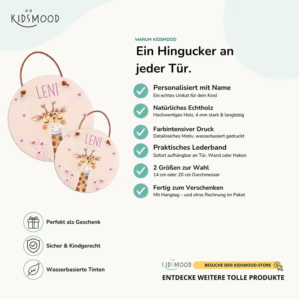 Türschild Kinderzimmer Giraffe, aus Echtholz mit Lederband, in zwei Größen