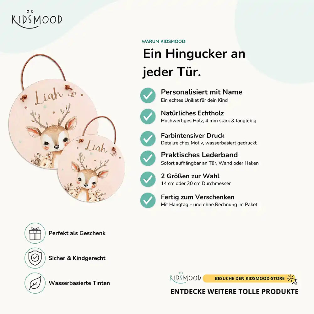 Türschild Kinderzimmer Hirsch mit Blumen, aus Echtholz mit Lederband, in zwei Größen