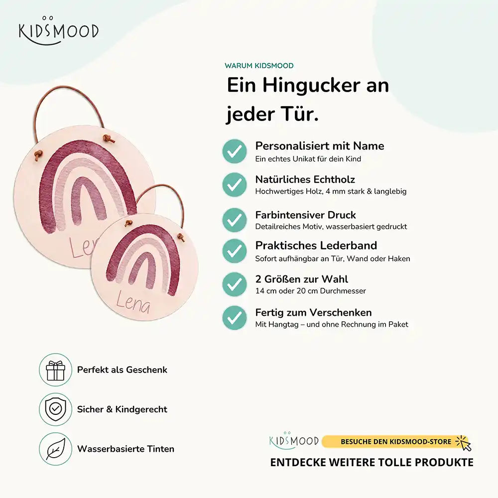 Türschild Kinderzimmer Regenbogen, aus Echtholz mit Lederband, in zwei Größen