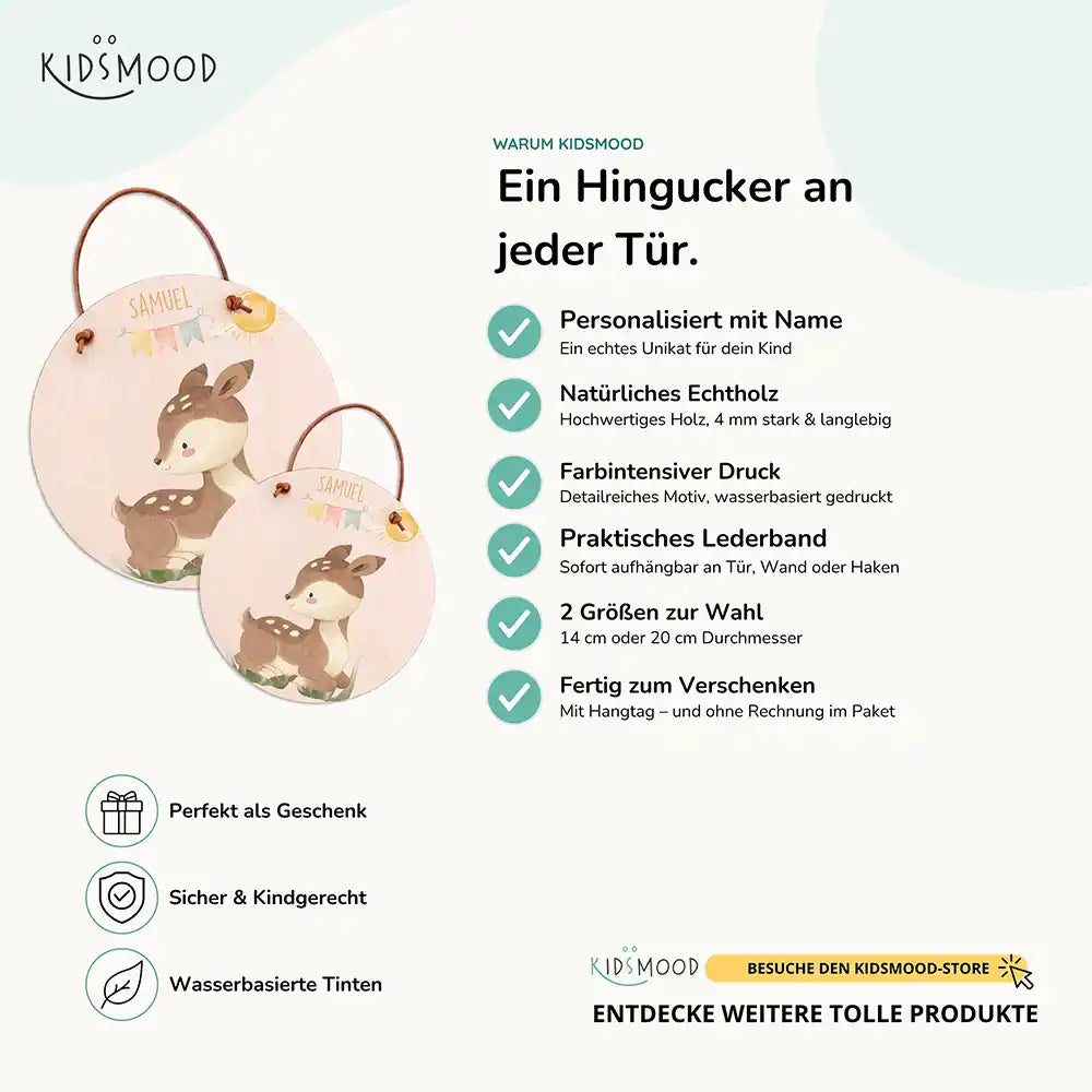 Türschild Kinderzimmer Reh mit Wimpelkette, aus Echtholz mit Lederband, in zwei Größen