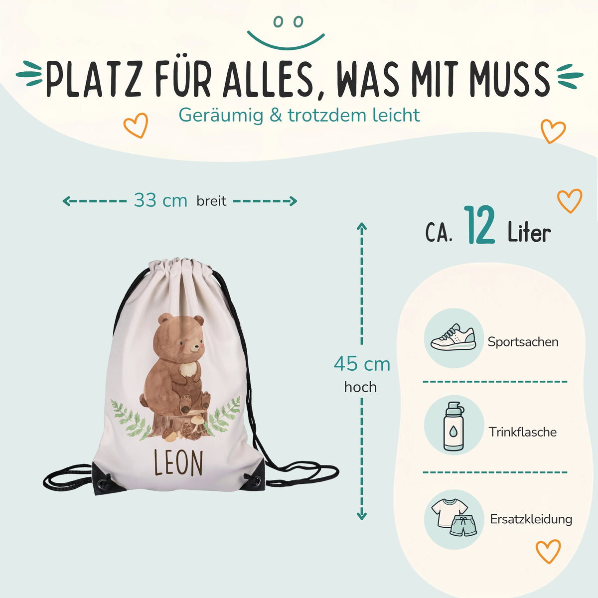 Personalisierter Turnbeutel BĂ€r, GröĂe 33 x 45 cm mit ca. 12 Liter Fassungsvermögen