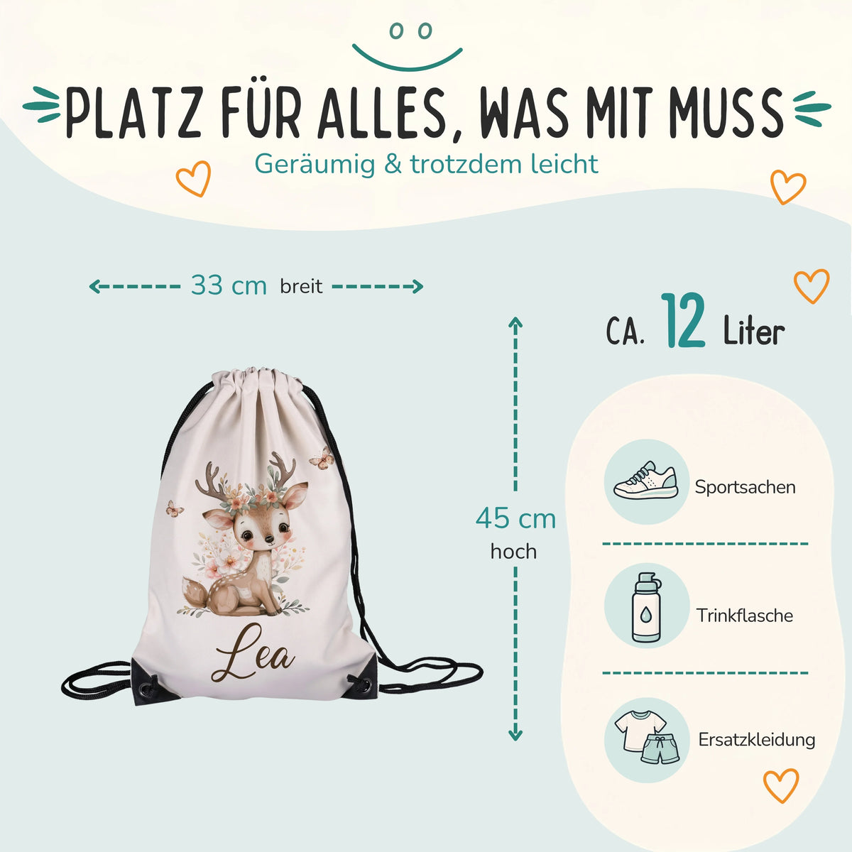 Personalisierter Turnbeutel Reh mit Blumenkranz, Größe 33 x 45 cm mit ca. 12 Liter Fassungsvermögen