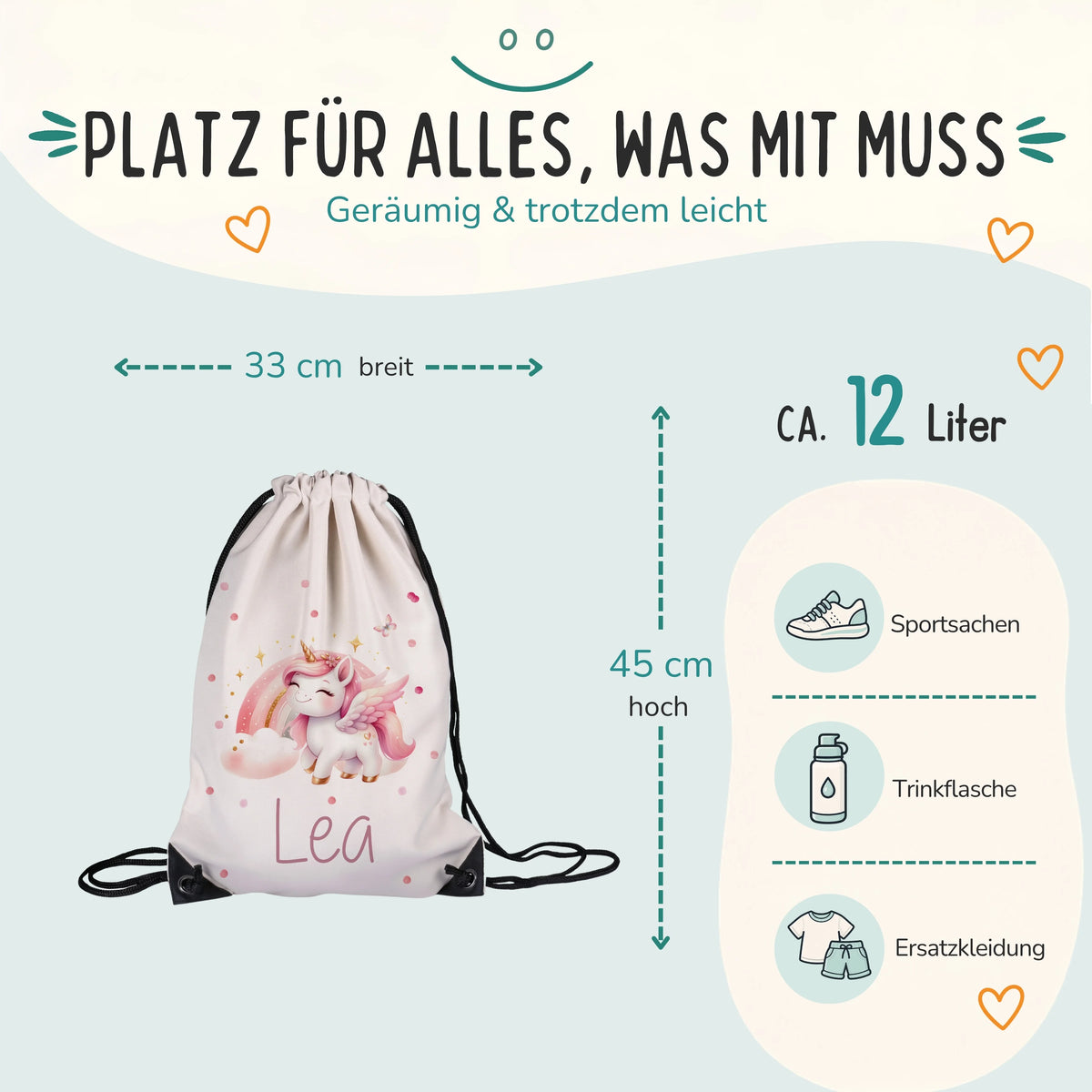 Personalisierter Turnbeutel Zauberhaftes Einhorn, Größe 33 x 45 cm mit ca. 12 Liter Fassungsvermögen