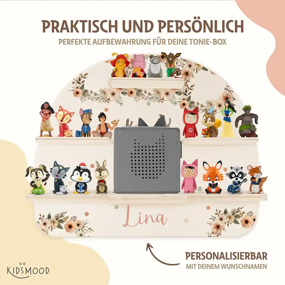 nahaufnahme des tonieregals aus holz mit reh design