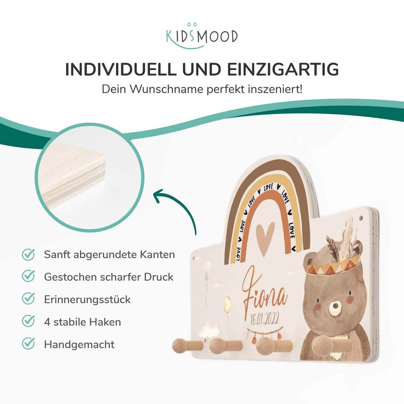 Handgefertigte Regenbogen-Garderobe aus Holz Bär