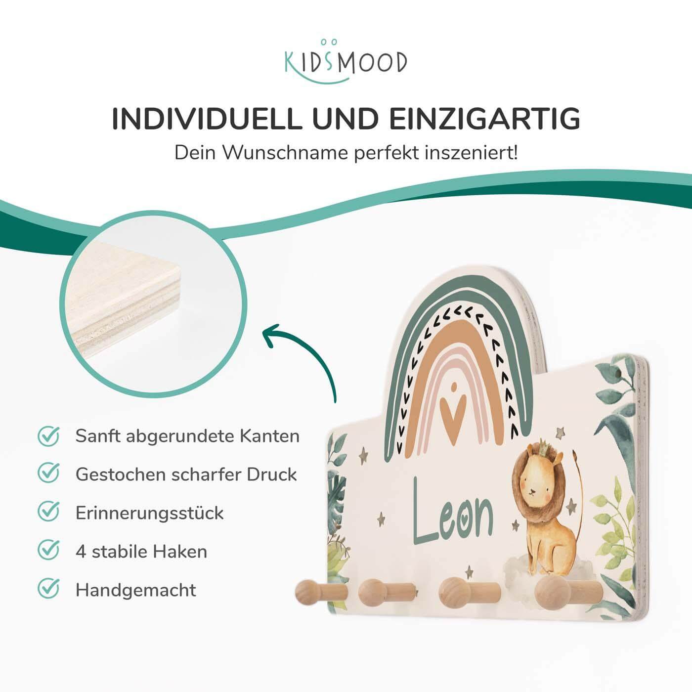 Handgefertigte Regenbogen-Garderobe aus Holz Löwe