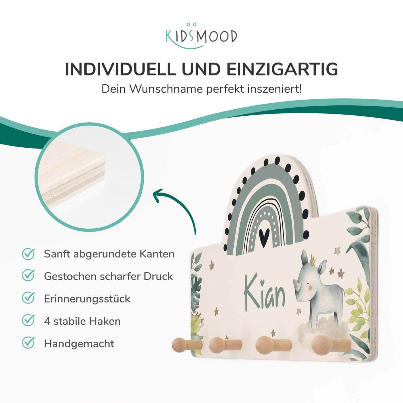 Handgefertigte Regenbogen-Garderobe aus Holz Nashorn