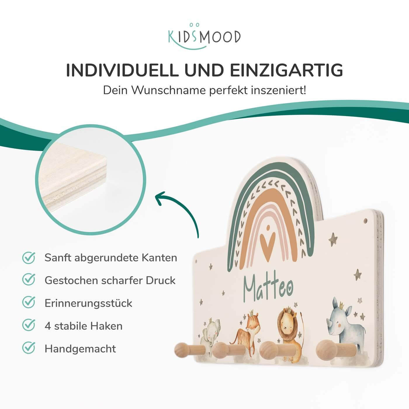 Handgefertigte Regenbogen-Garderobe aus Holz Tier Familie