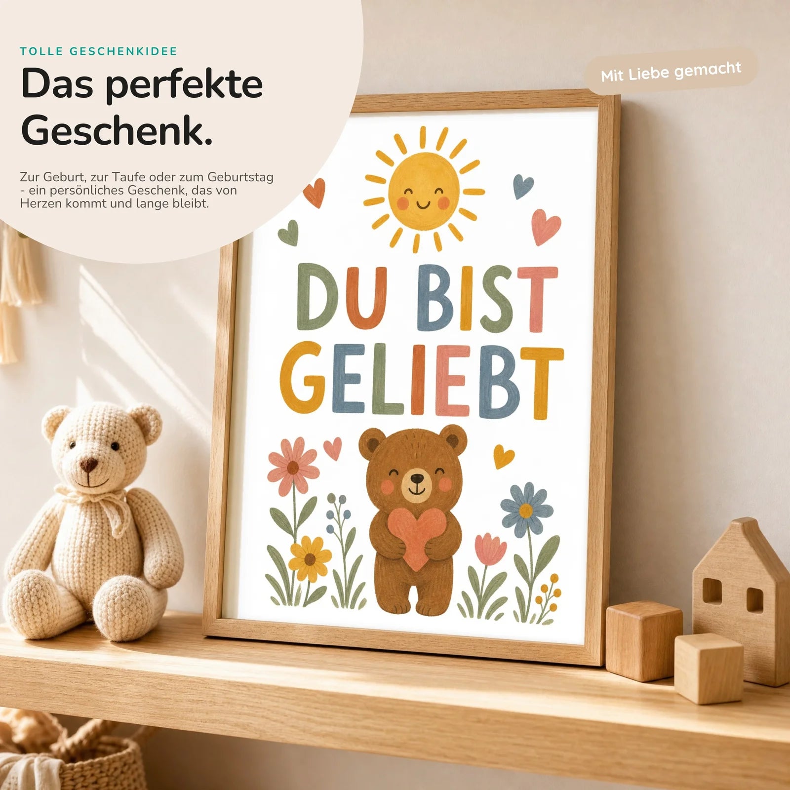 Affirmationsposter Kinderzimmer BĂ€r Du bist geliebt, mit optionalem Holzrahmen