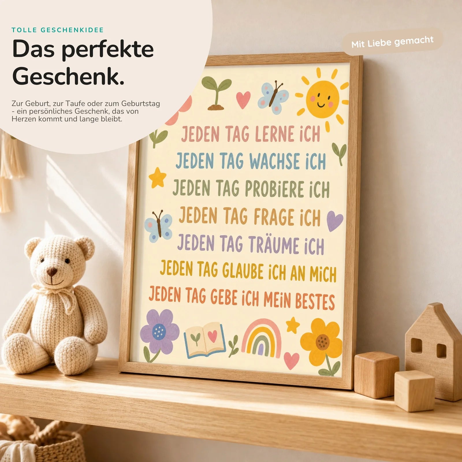Affirmationsposter Kinderzimmer Blumenwiese Jeden Tag, mit optionalem Holzrahmen