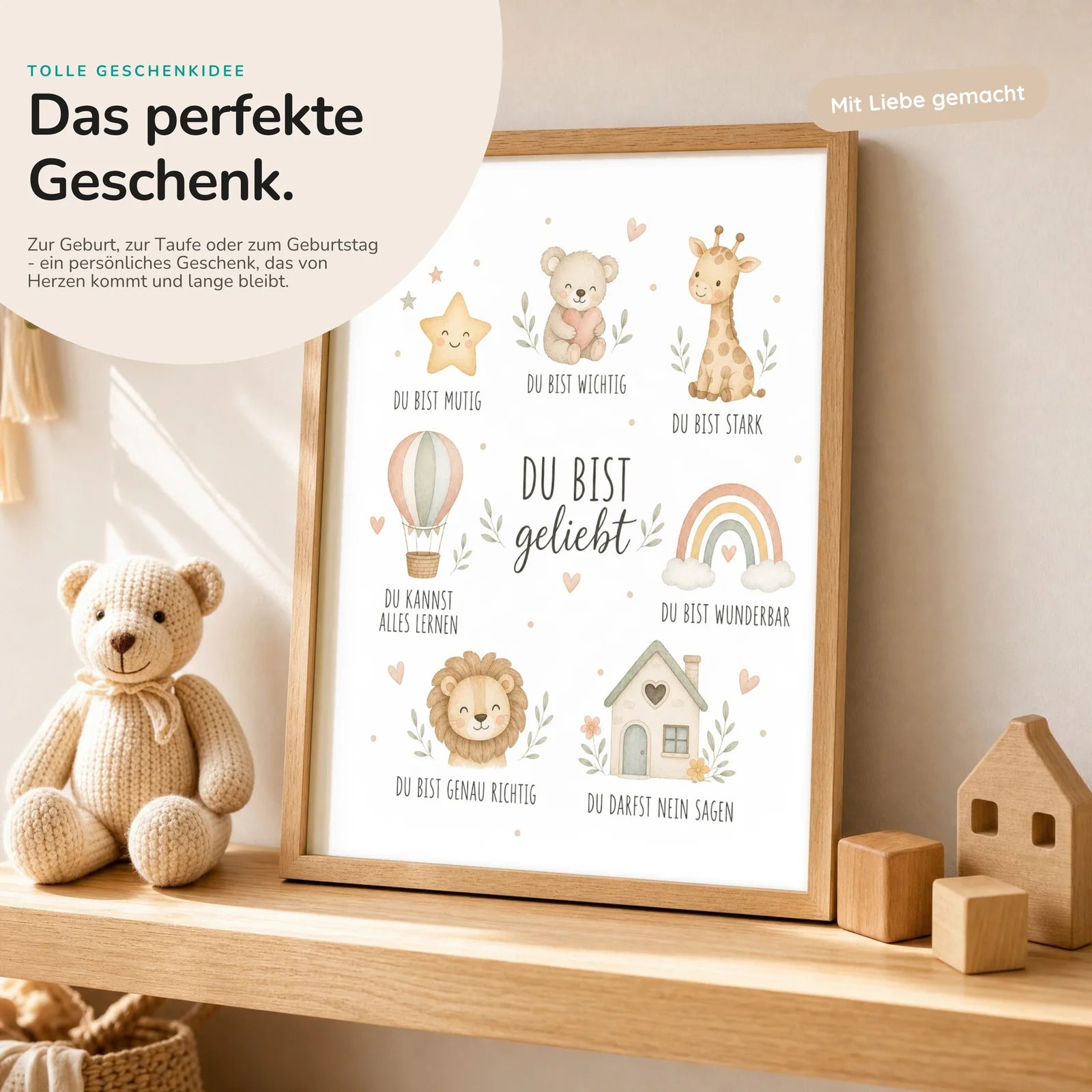 Affirmationsposter Kinderzimmer Collage Du bist geliebt, mit optionalem Holzrahmen