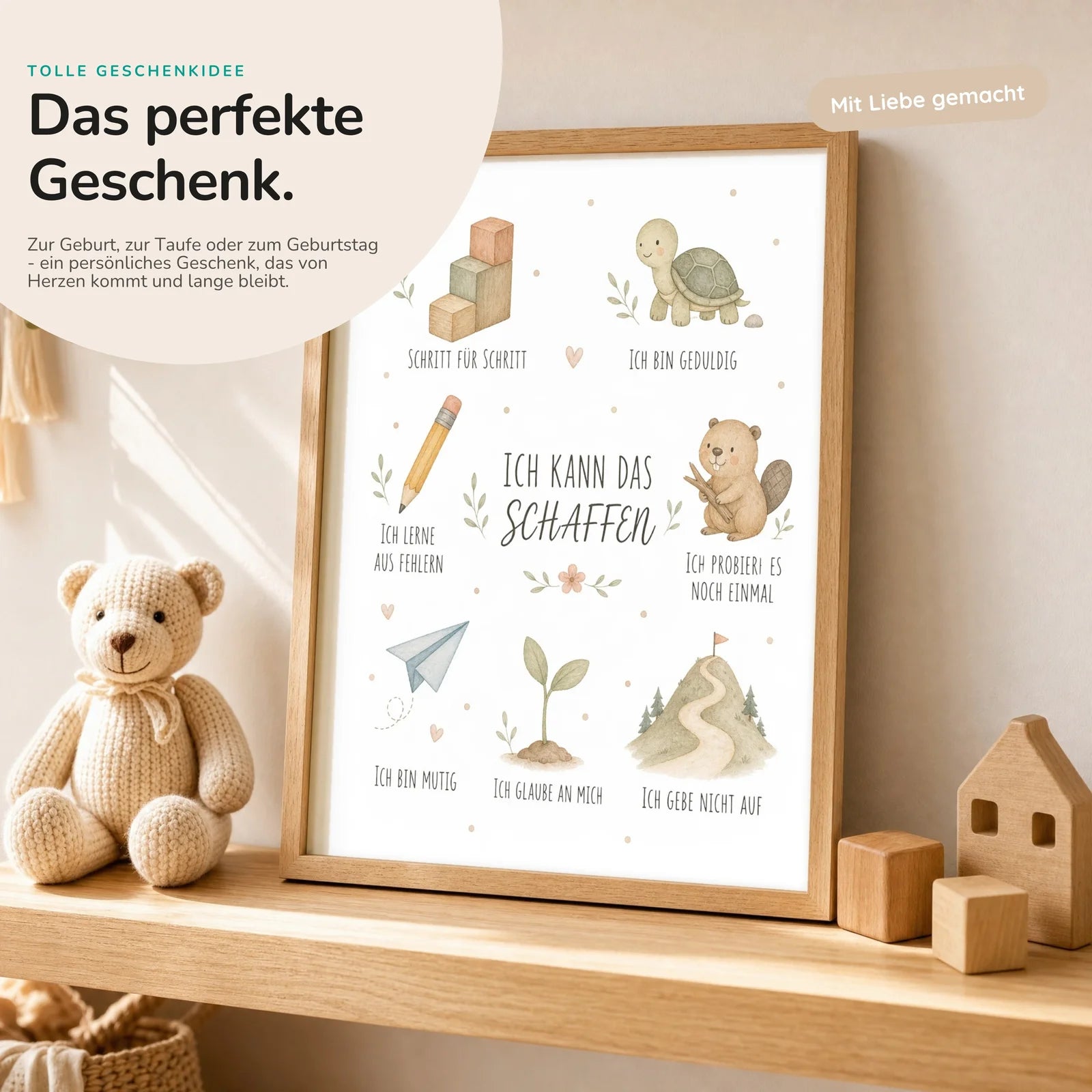 Affirmationsposter Kinderzimmer Collage Ich kann das schaffen, mit optionalem Holzrahmen