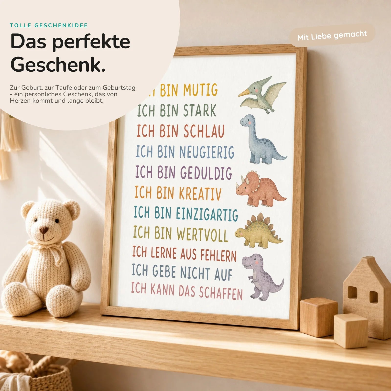 Affirmationsposter Kinderzimmer Dinos, mit optionalem Holzrahmen
