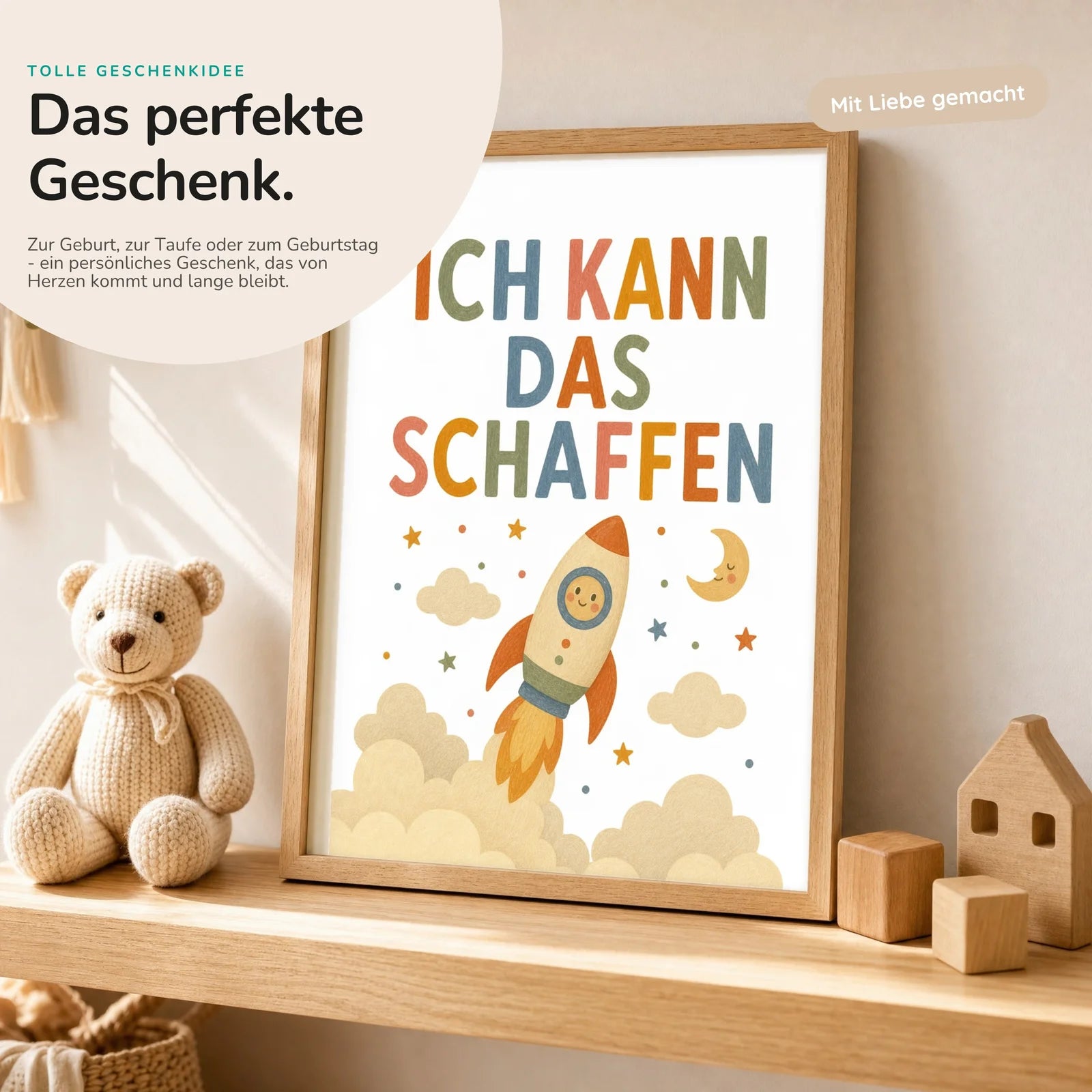 Affirmationsposter Kinderzimmer Rakete Ich kann das schaffen, mit optionalem Holzrahmen