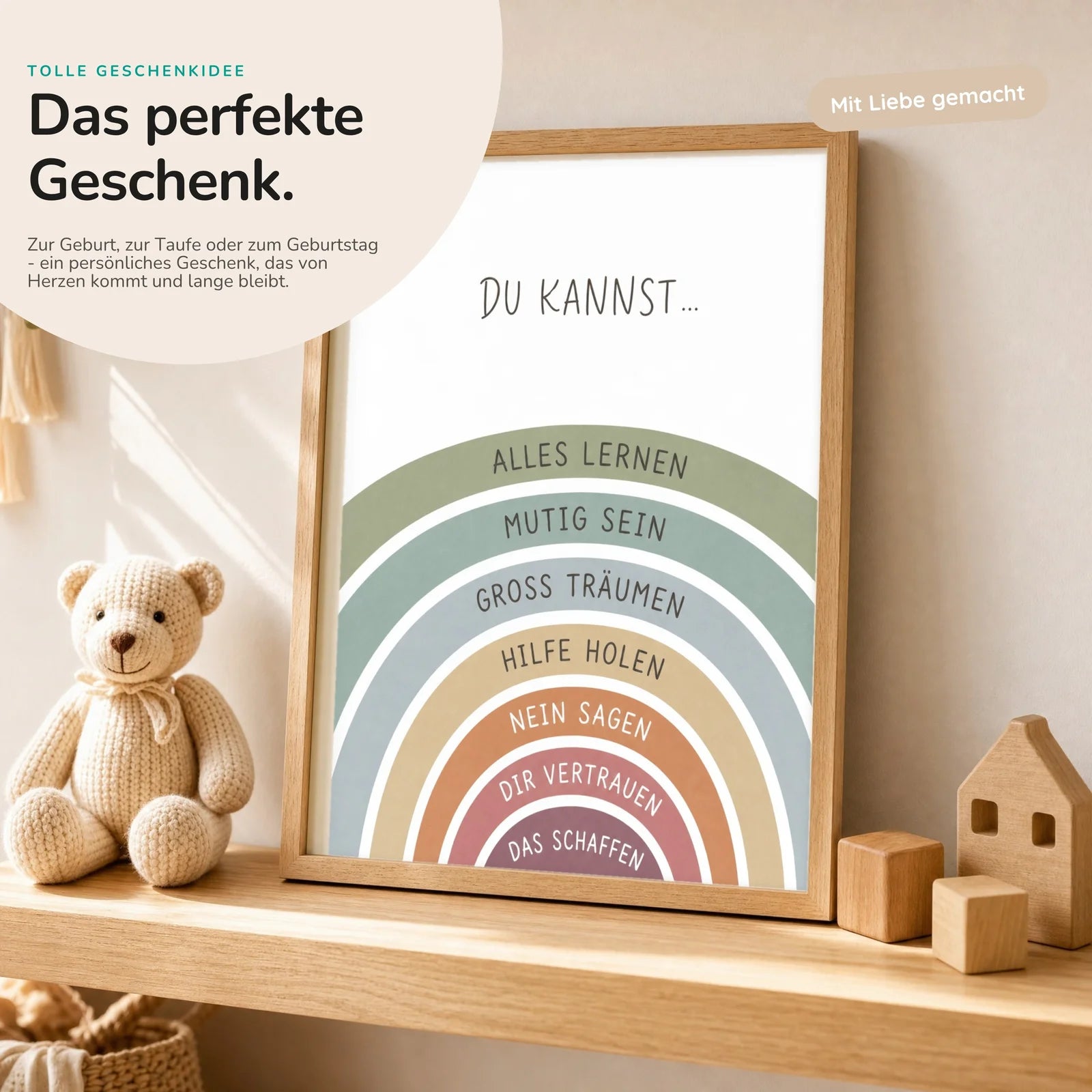 Affirmationsposter Kinderzimmer Regenbogen Du kannst, mit optionalem Holzrahmen