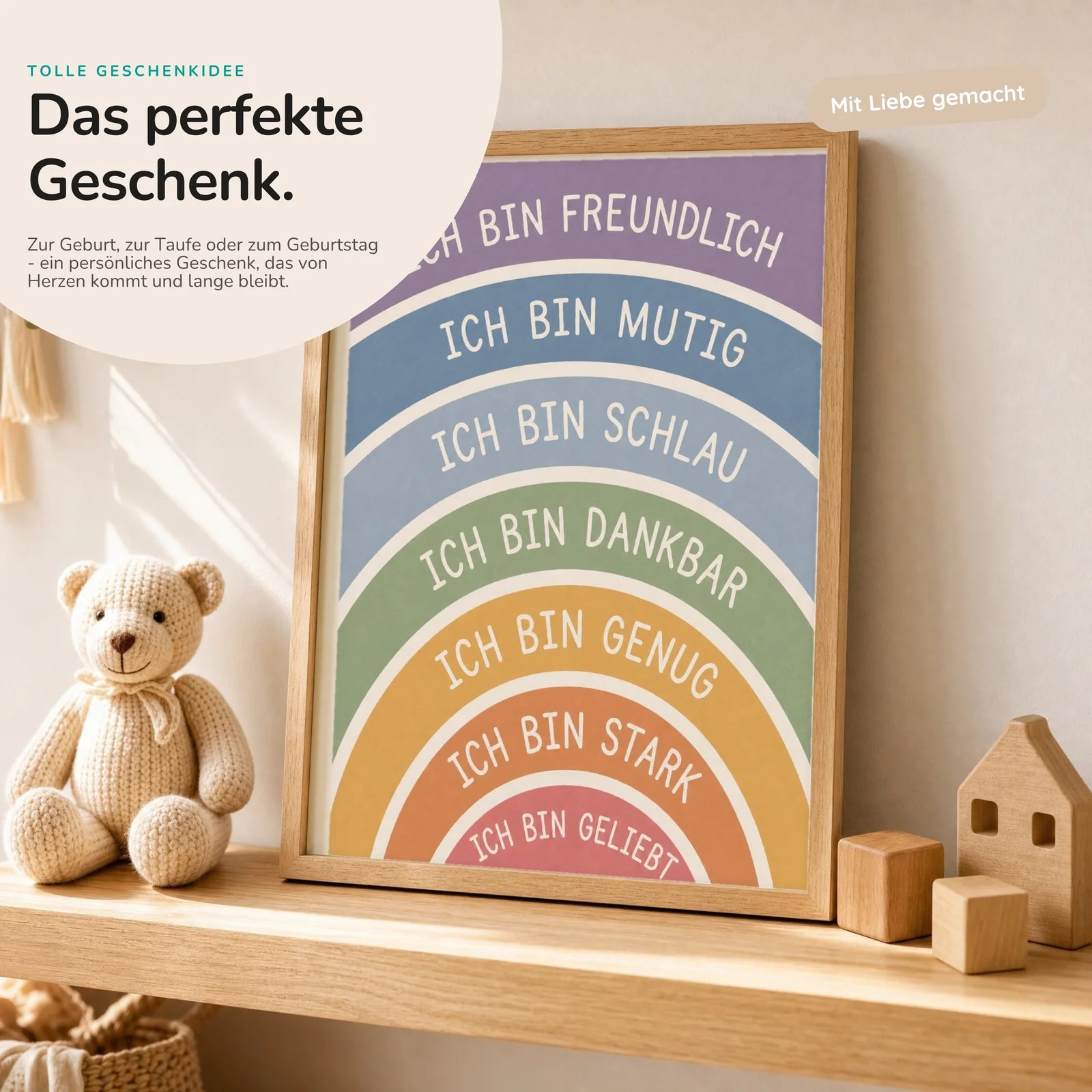 Affirmationsposter Kinderzimmer Regenbogen Ich bin freundlich, mit optionalem Holzrahmen
