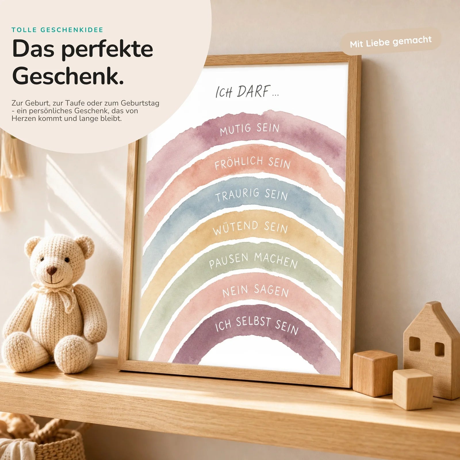 Affirmationsposter Kinderzimmer Regenbogen Ich darf, mit optionalem Holzrahmen