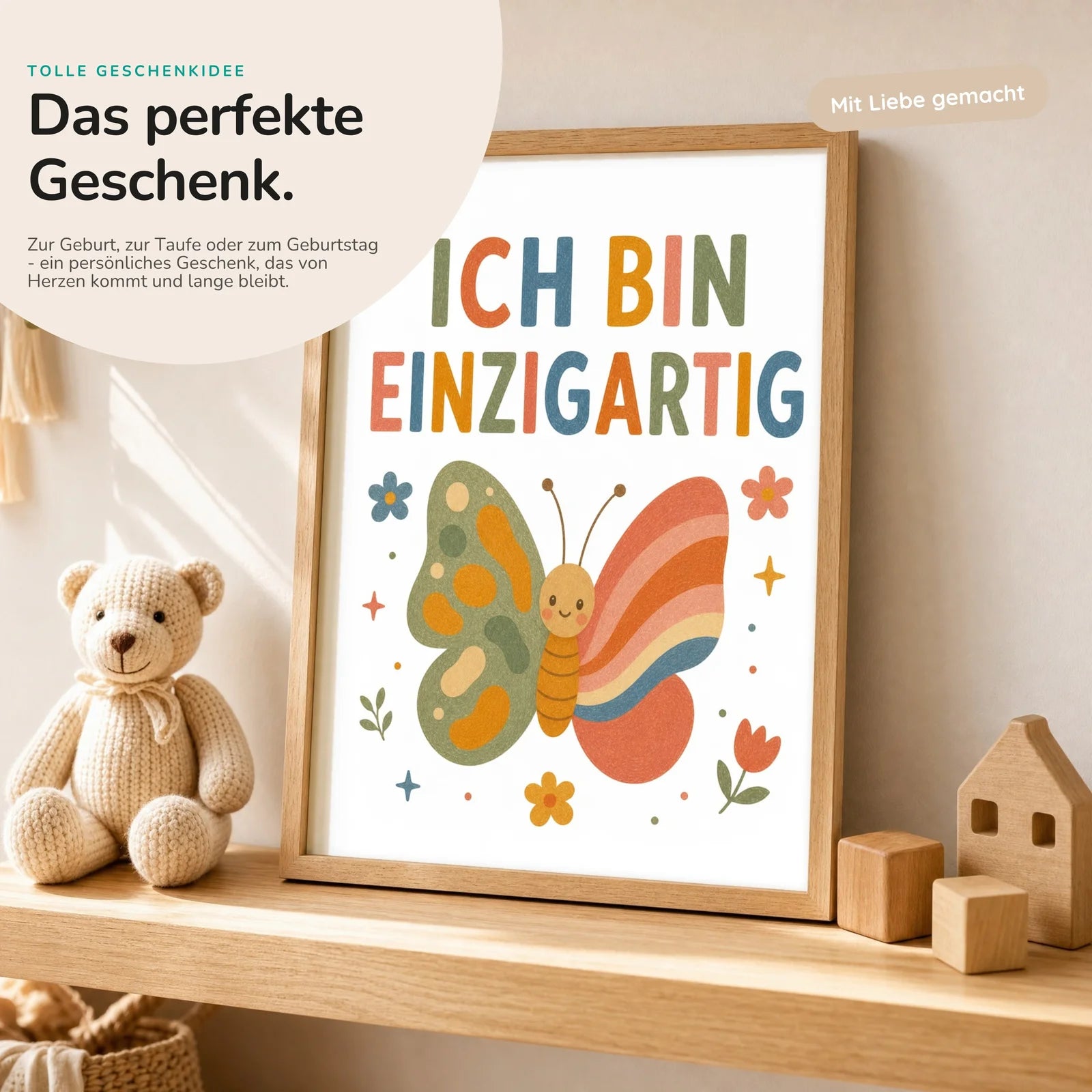 Affirmationsposter Kinderzimmer Schmetterling Ich bin ich, mit optionalem Holzrahmen