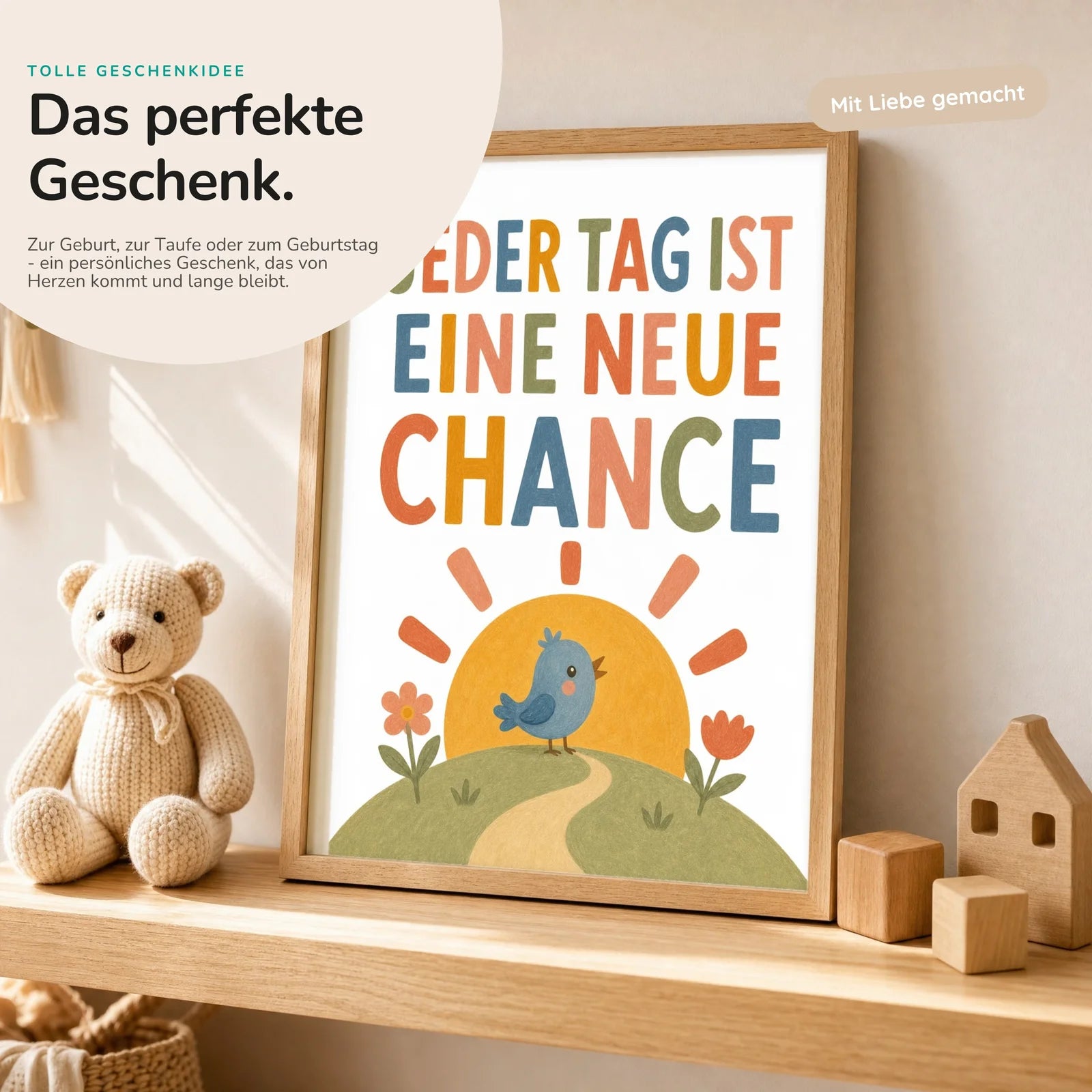 Affirmationsposter Kinderzimmer Vogel Jeder Tag neue Chance, mit optionalem Holzrahmen