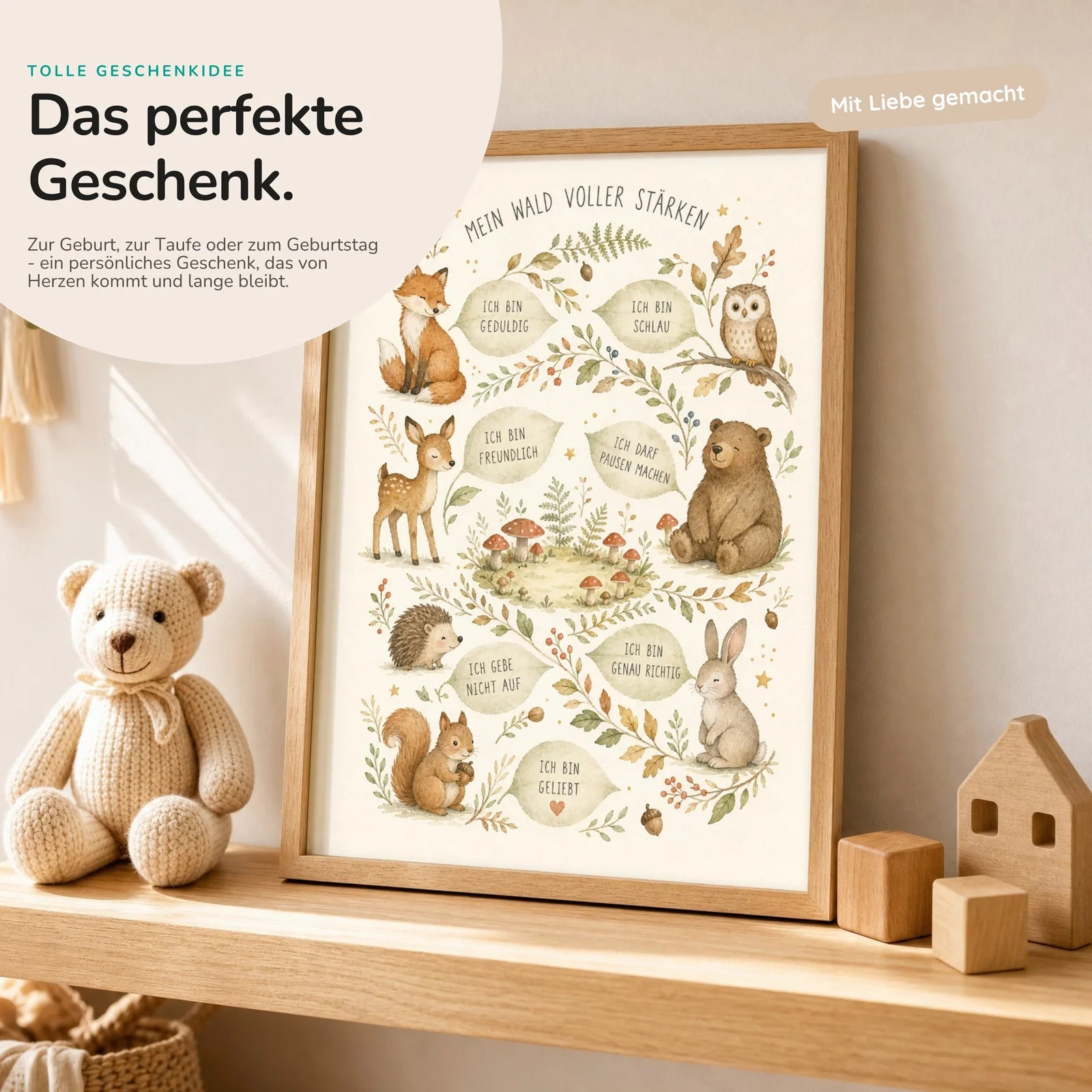Affirmationsposter Kinderzimmer Wald voller StÀrken, mit optionalem Holzrahmen