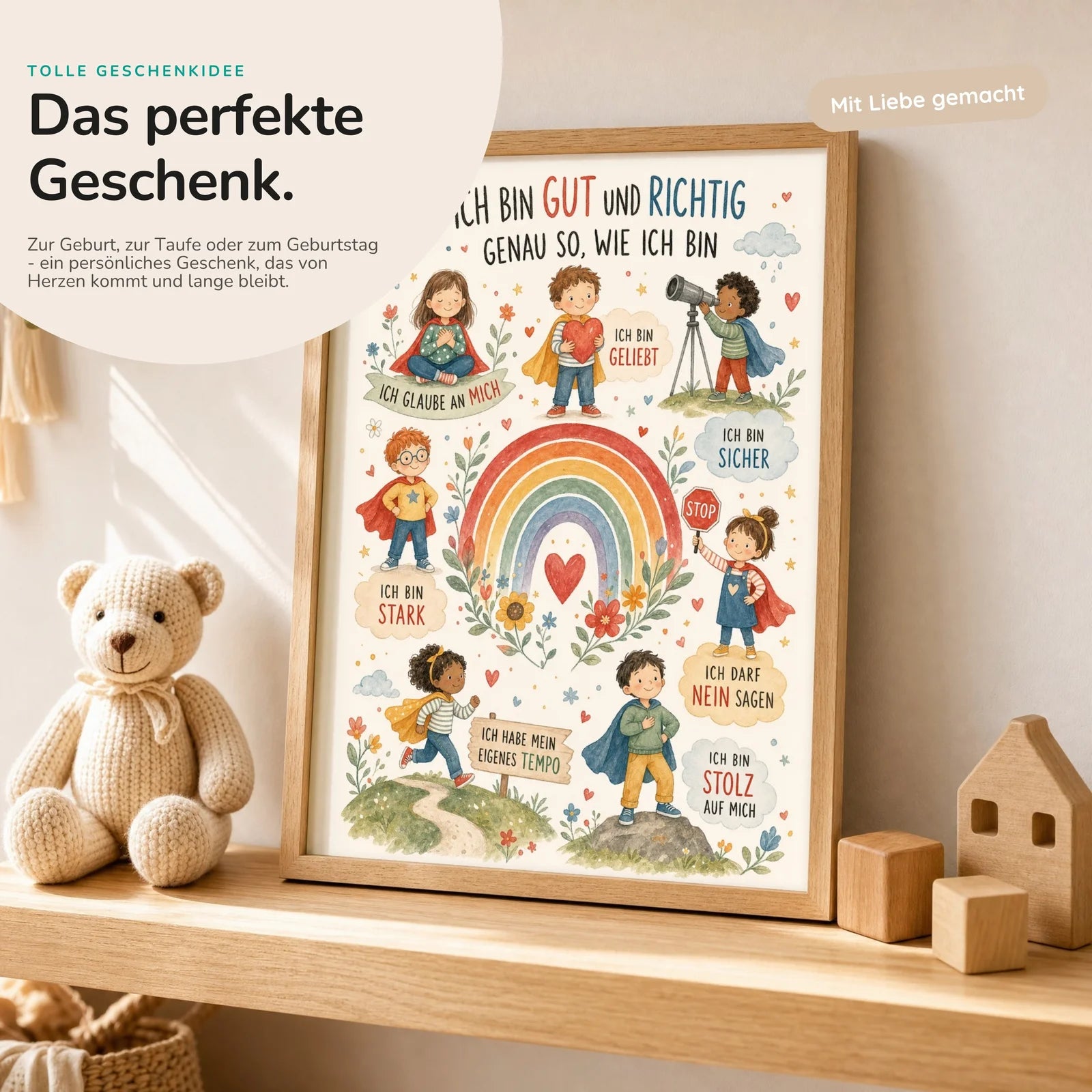 Affirmationsposter Kinderzimmer Wimmelbild Ich bin gut und richtig, mit optionalem Holzrahmen