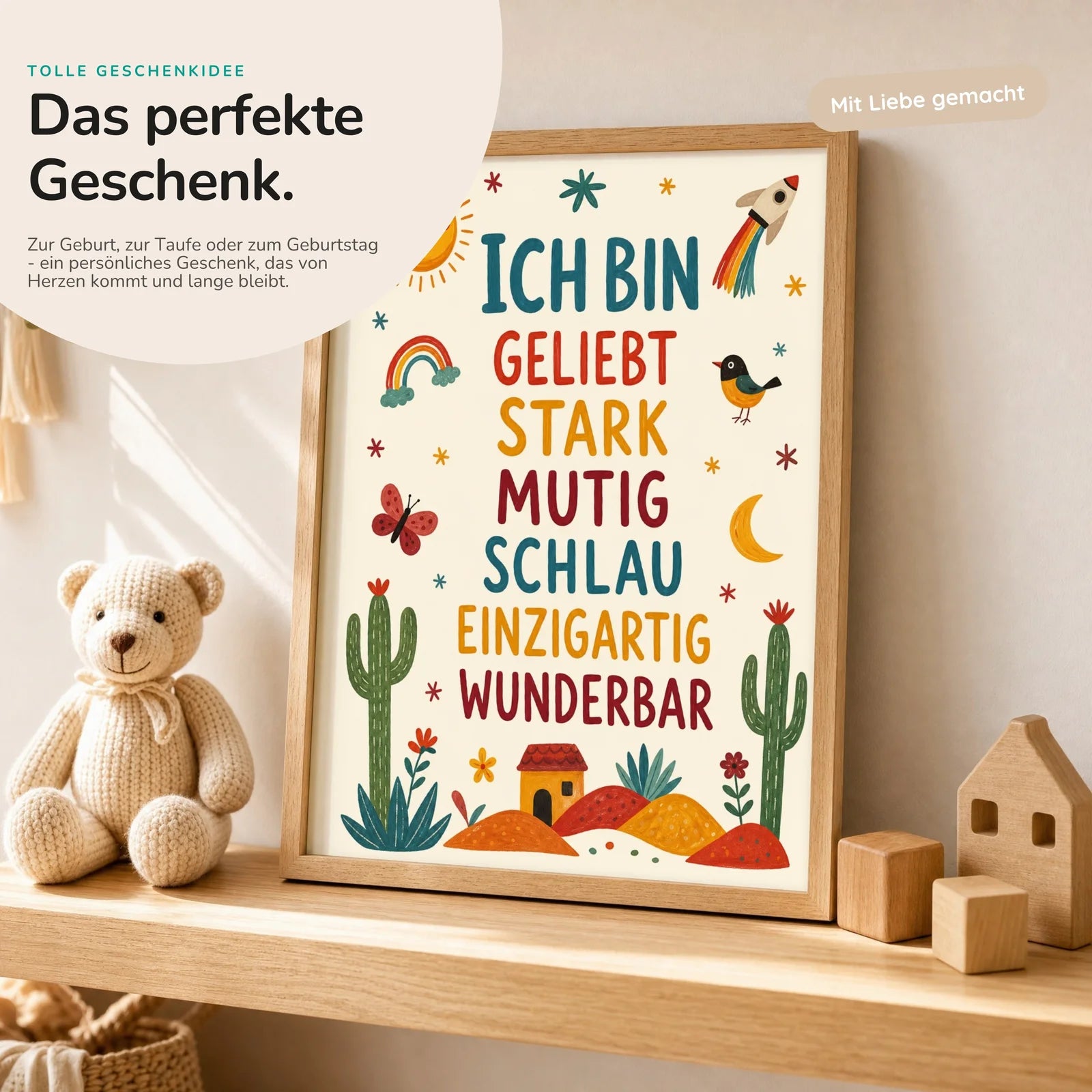 Affirmationsposter Kinderzimmer Wüste Ich bin geliebt, mit optionalem Holzrahmen